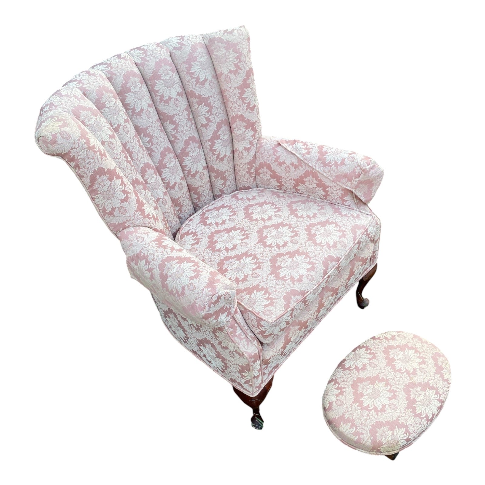 Vintage Channel-Back Wingchair & Ottoman Set in Rose Damask with Queen Anne Legs