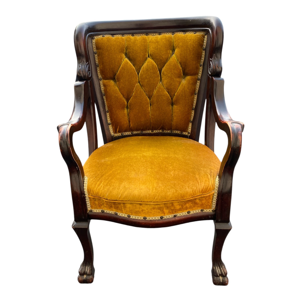 Victorian Empire Revival Mahogany Parlor Chair with Gold Tufted Velvet Upholster