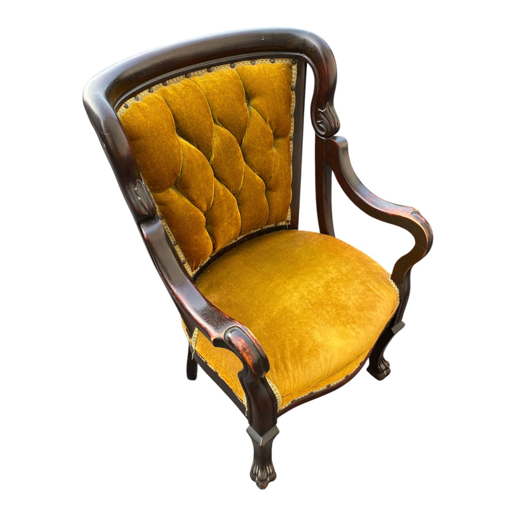 Victorian Empire Revival Mahogany Parlor Chair with Gold Tufted Velvet Upholster