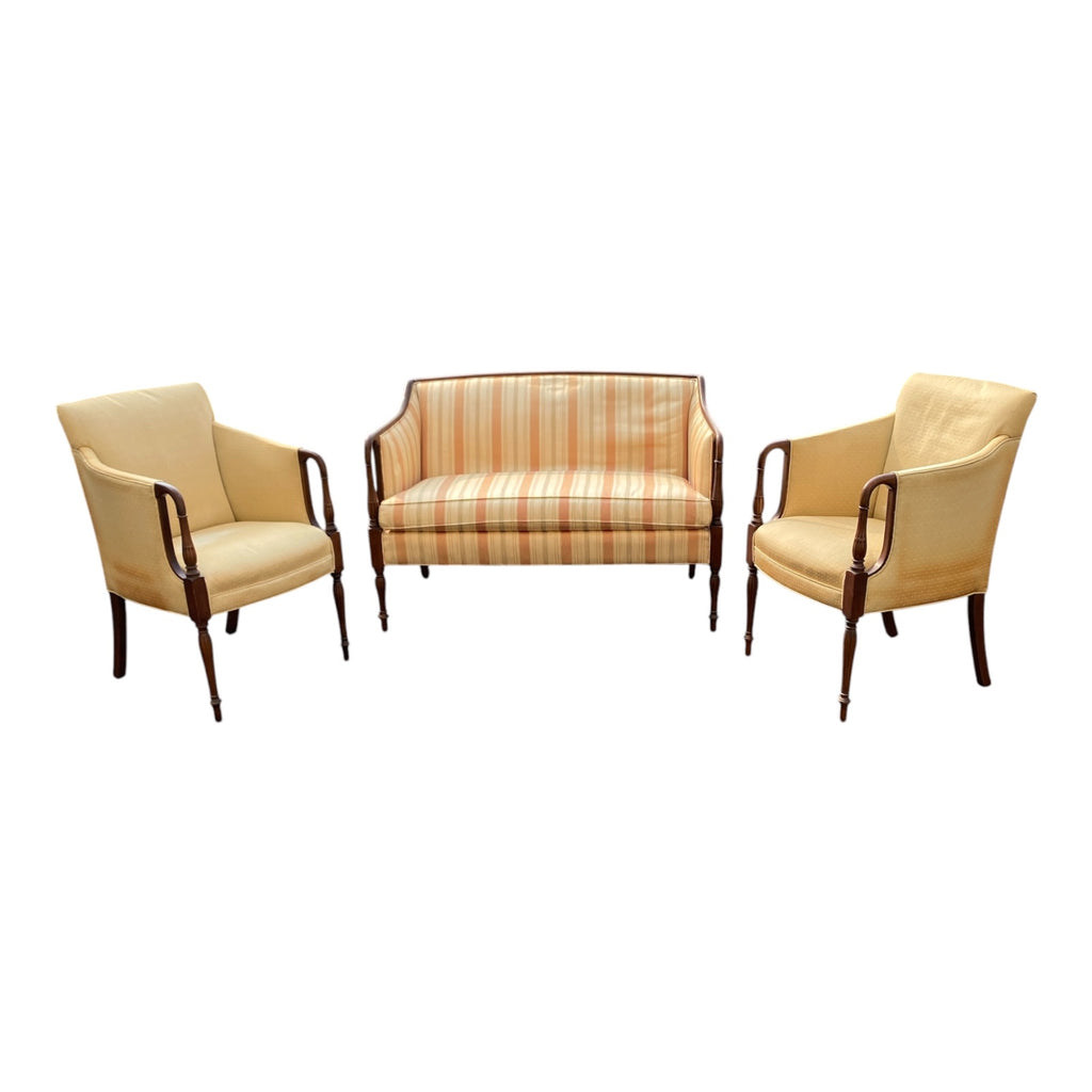 Sheraton-Style Mahogany Settee & Matching Armchairs, 3-Piece Parlor Set