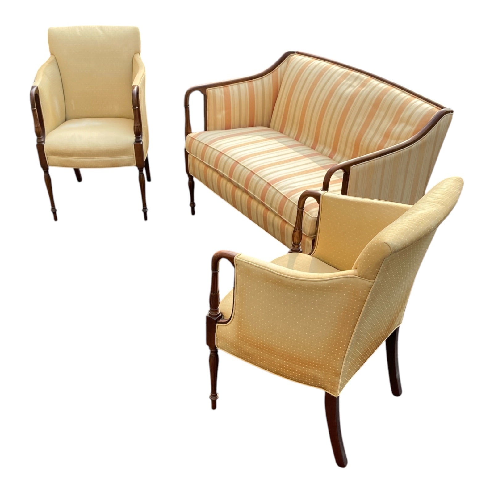 Sheraton-Style Mahogany Settee & Matching Armchairs, 3-Piece Parlor Set