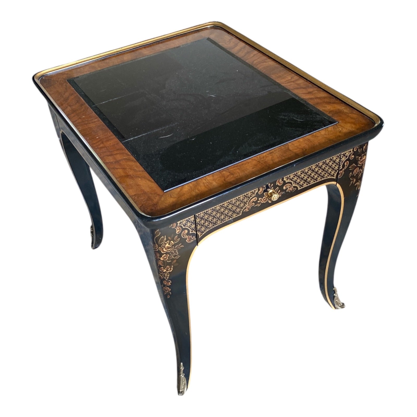 Drexel Heritage Chinoiserie Side Table Black Lacquer Burl Wood Glass Top