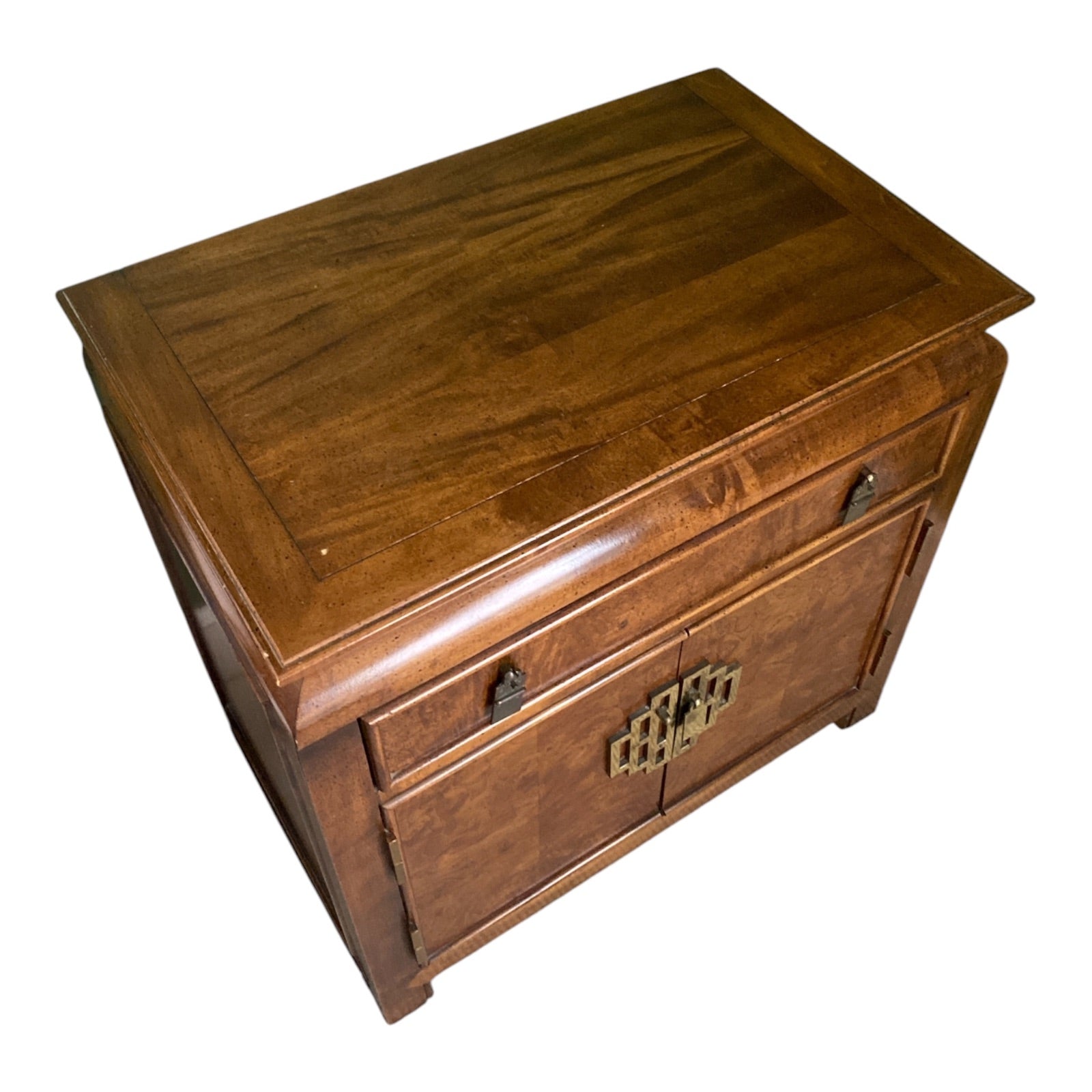 Century Furniture Chin Hua Burl Wood Nightstand with Brass Greek Key Hardware. 2 of 2
