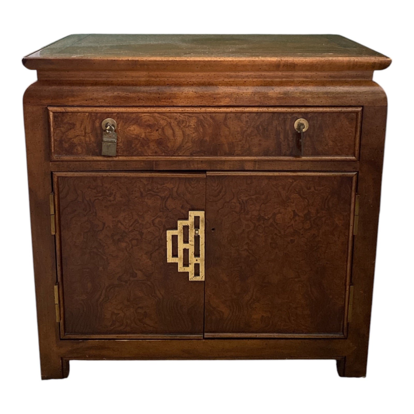 Century Furniture Chin Hua Burl Wood Nightstand with Brass Greek Key Hardware. 1 of 2