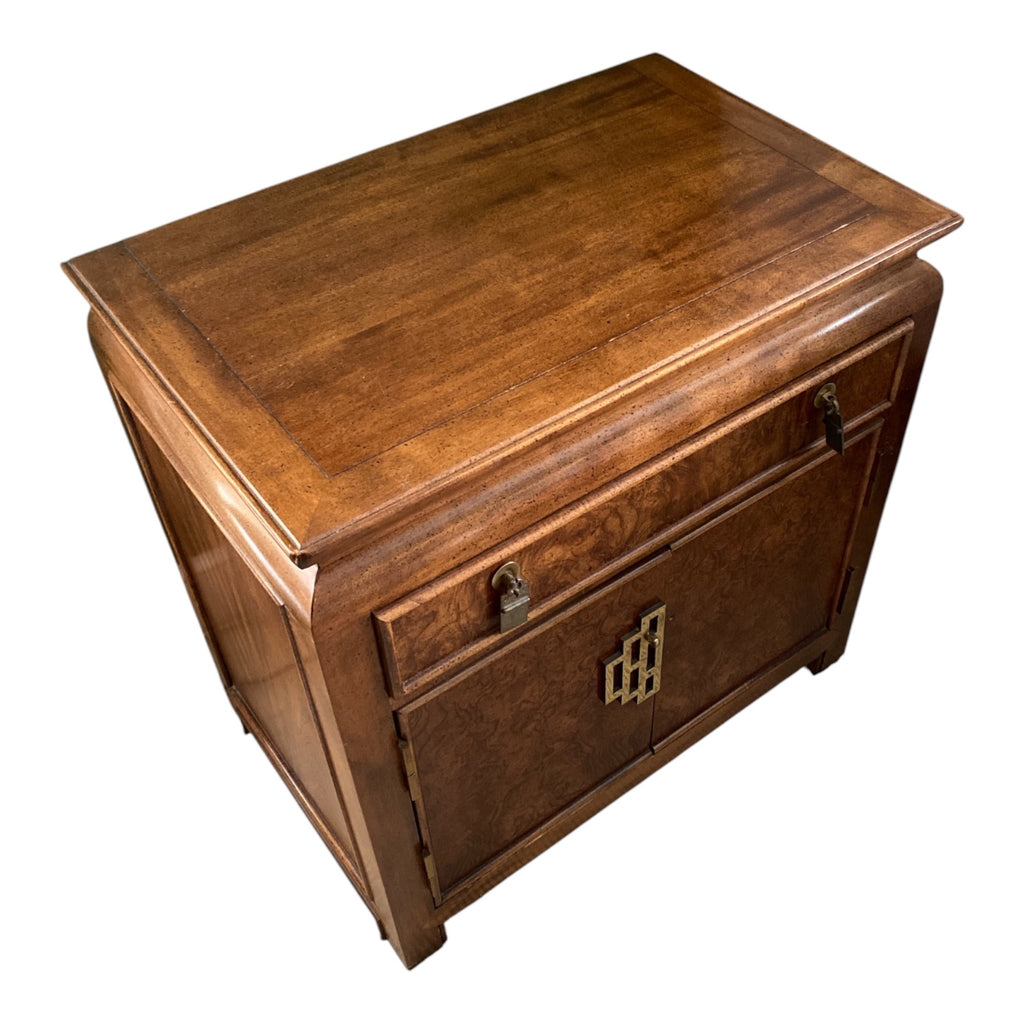 Century Furniture Chin Hua Burl Wood Nightstand with Brass Greek Key Hardware. 1 of 2
