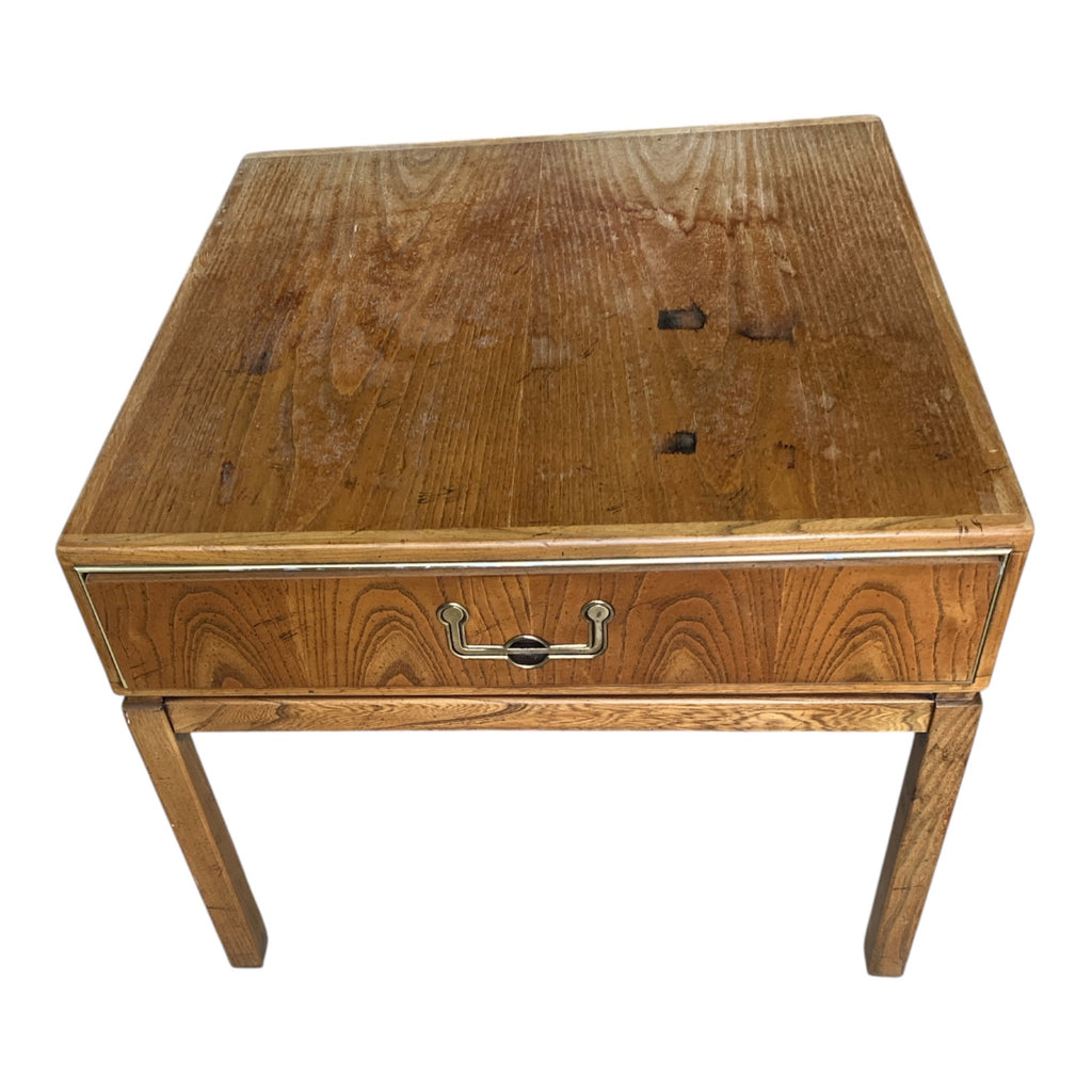 Founders 1970s Campaign-Style Oak End Table with Brass Trim & Bail Pull Hardware