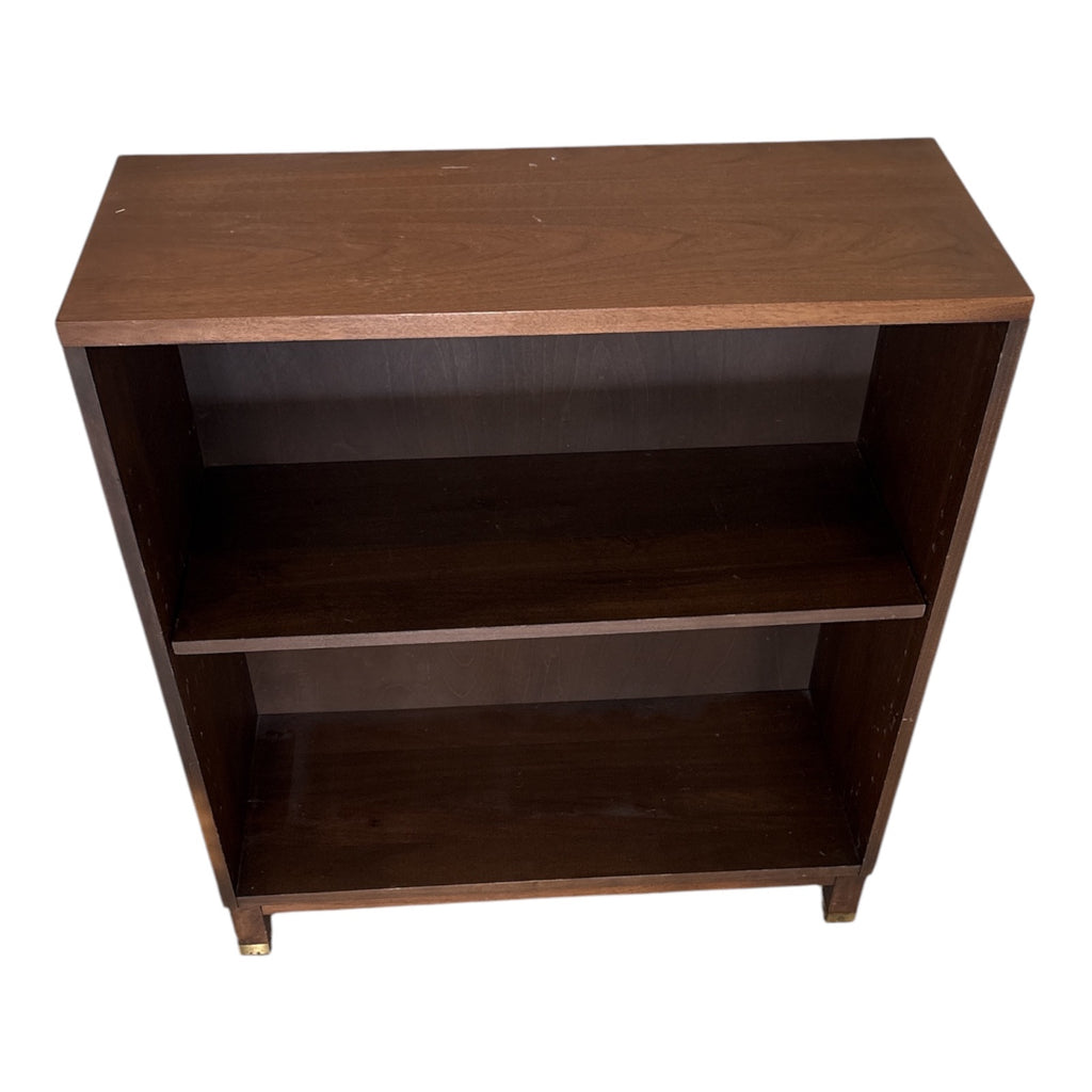 Mid-Century Walnut Veneer Two-Shelf Bookcase with Brass Sabots