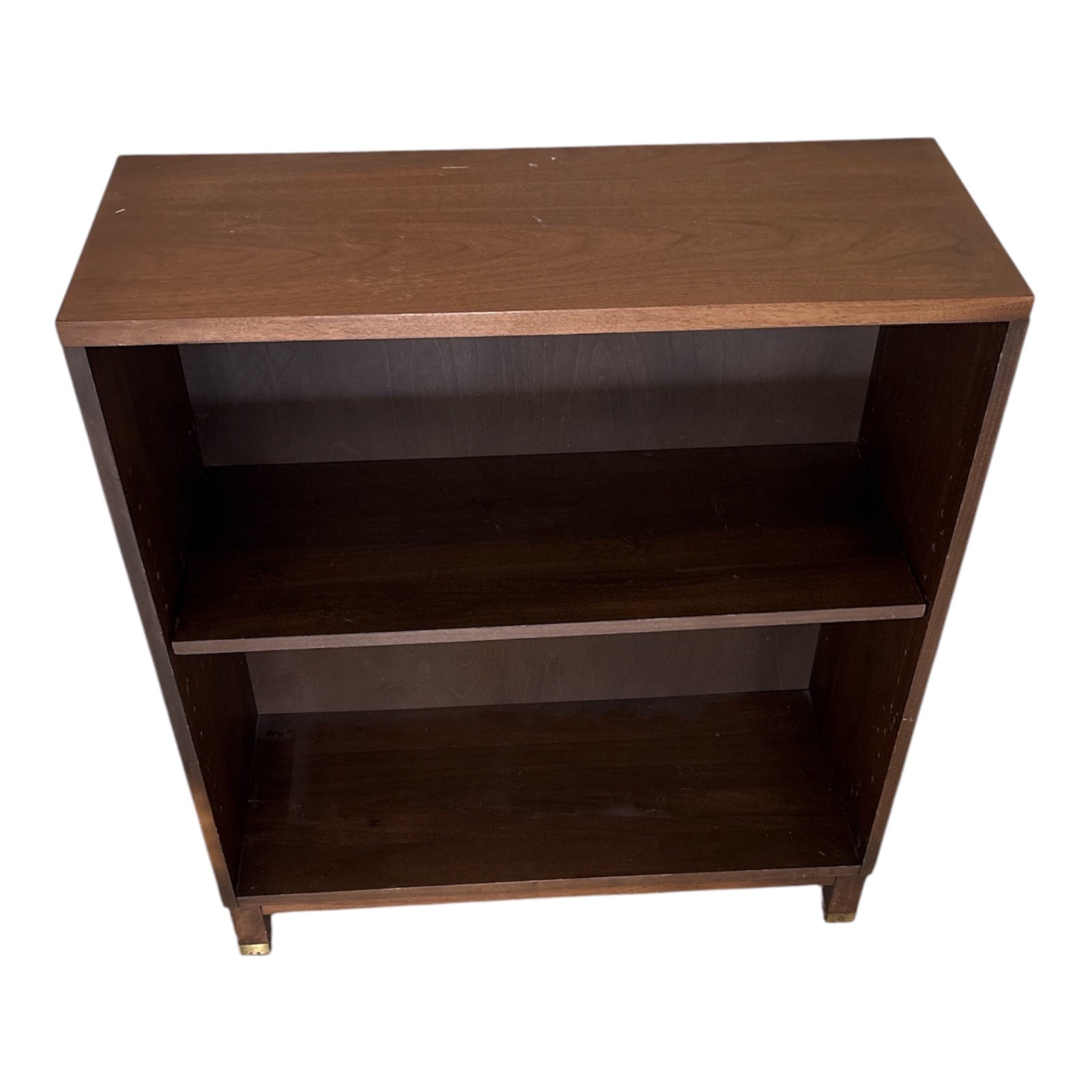 Mid-Century Walnut Veneer Two-Shelf Bookcase with Brass Sabots
