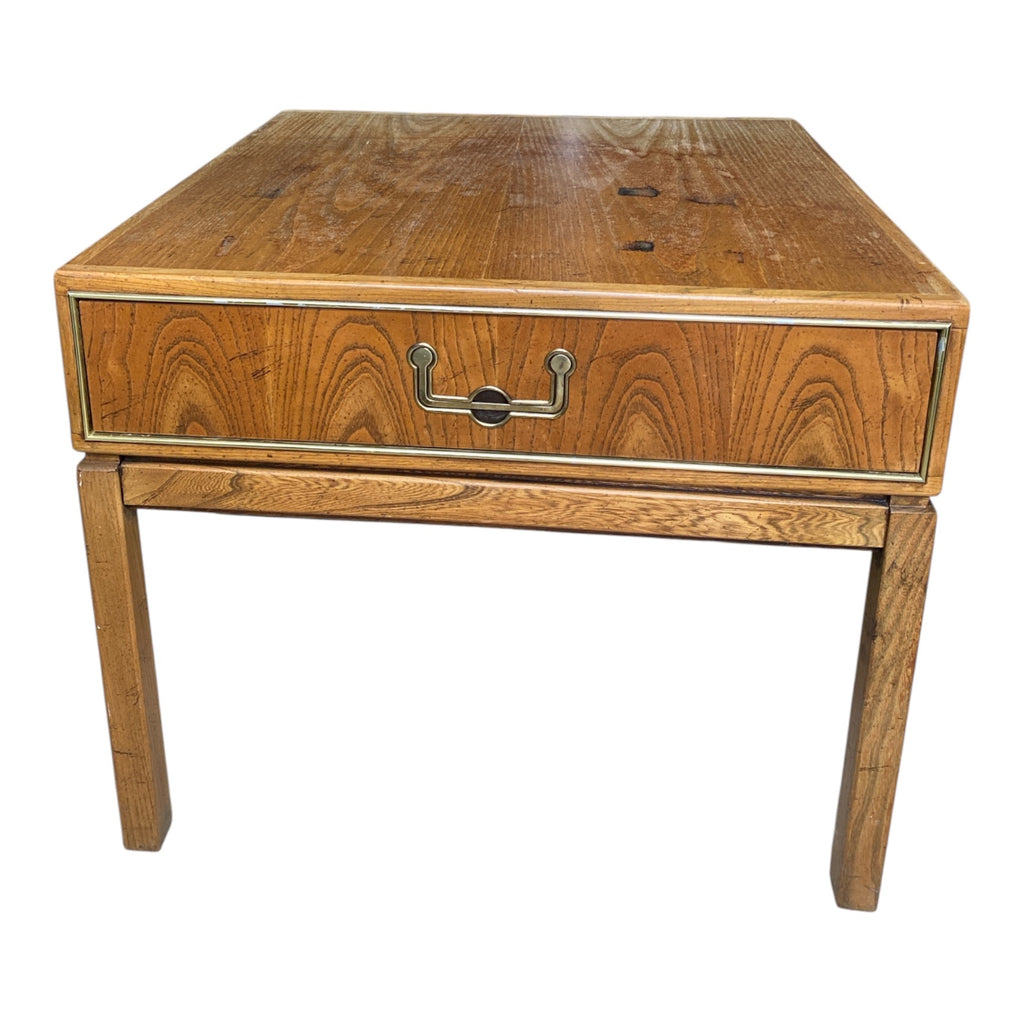 Founders 1970s Campaign-Style Oak End Table with Brass Trim & Bail Pull Hardware