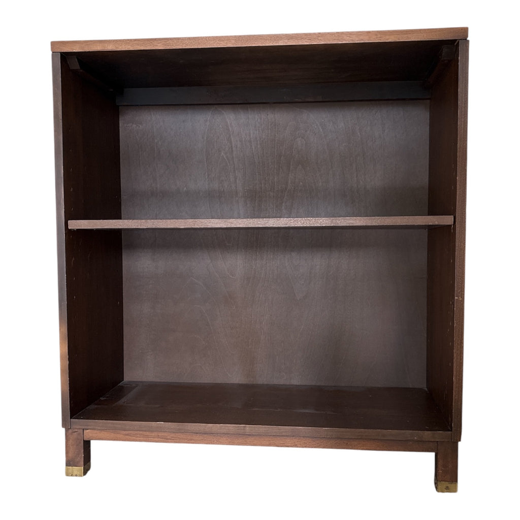 Mid-Century Walnut Veneer Two-Shelf Bookcase with Brass Sabots