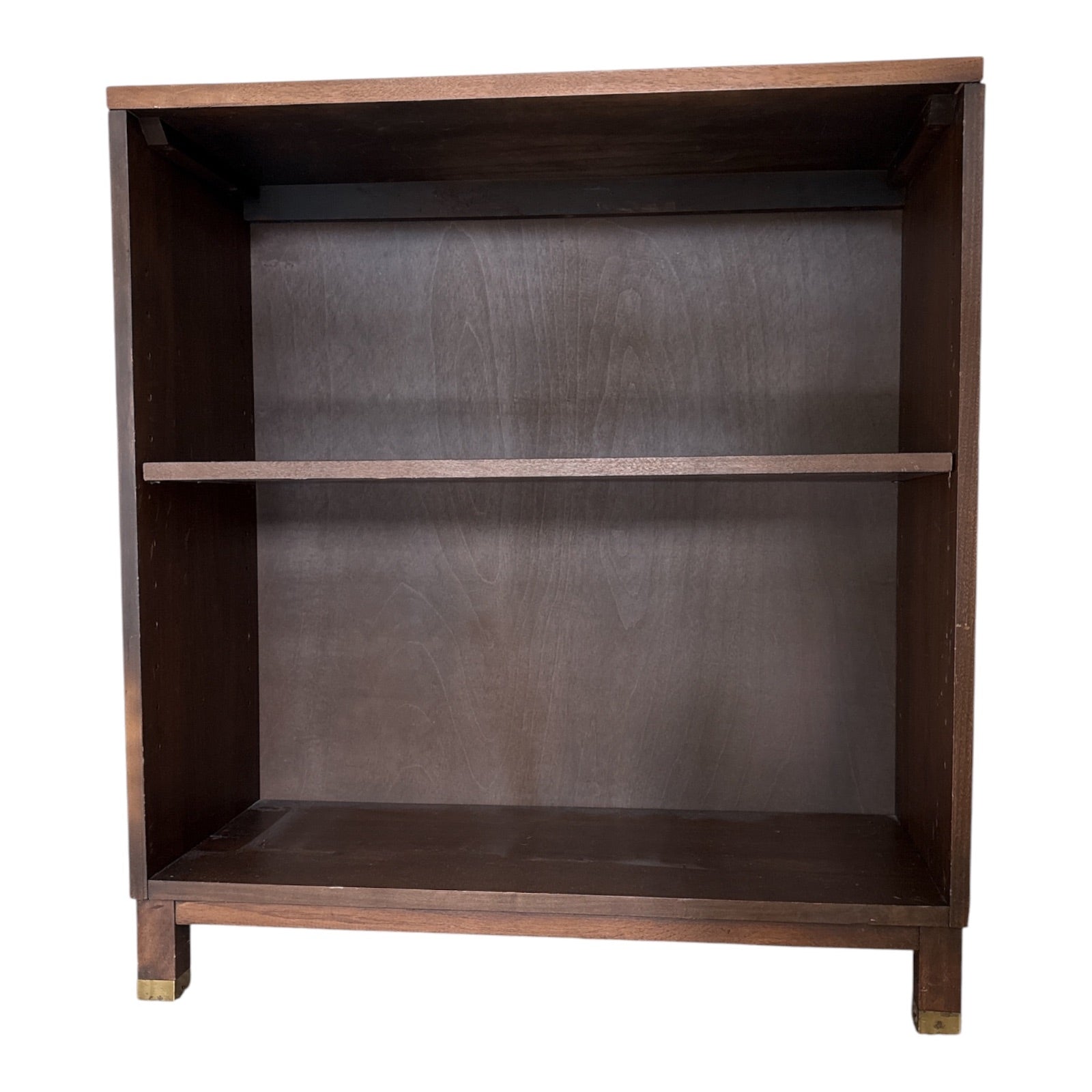 Mid-Century Walnut Veneer Two-Shelf Bookcase with Brass Sabots