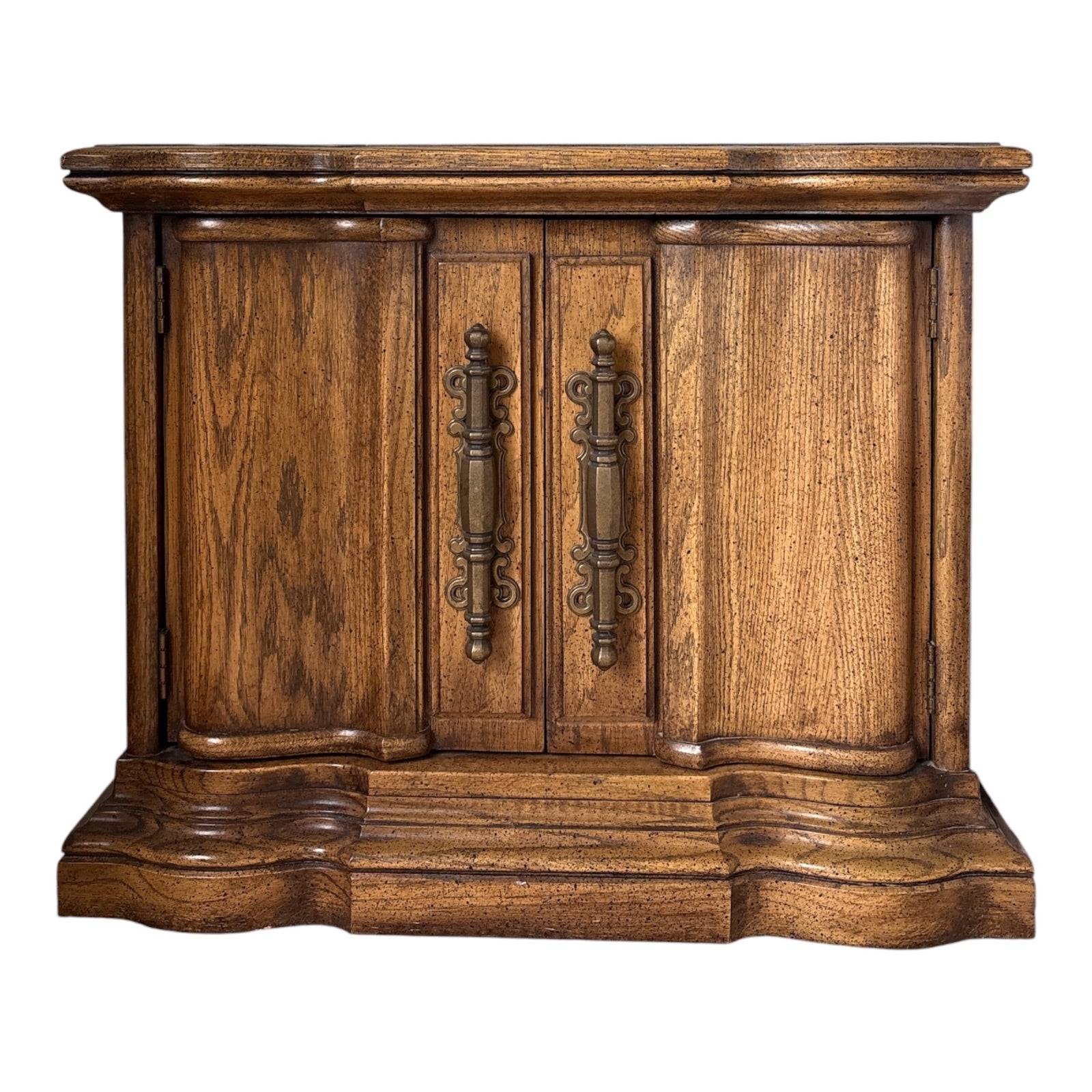 1970s Spanish Revival Oak Nightstand with Serpentine Base & Original Brass Pulls 2 of 2