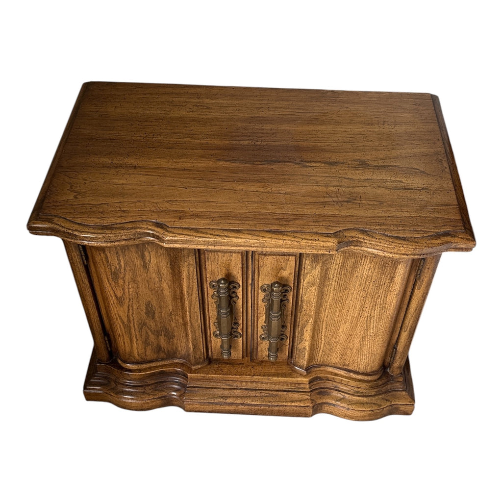 1970s Spanish Revival Oak Nightstand with Serpentine Base & Original Brass Pulls 1 of 2