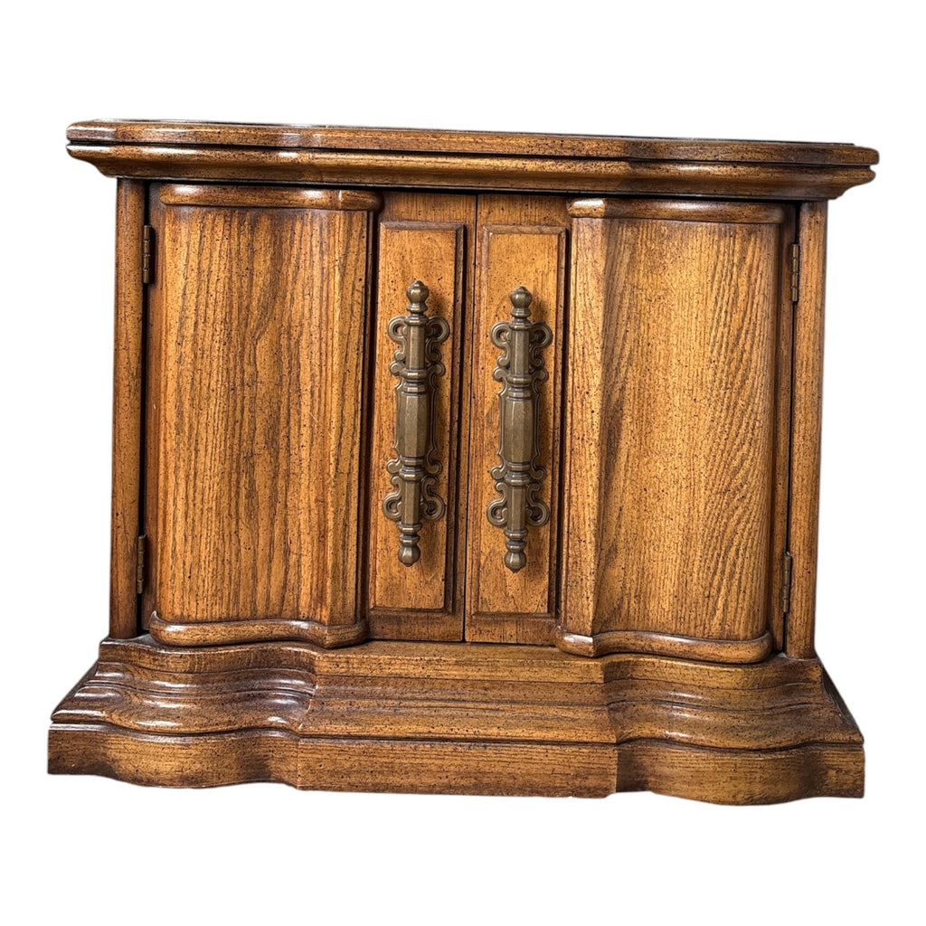 1970s Spanish Revival Oak Nightstand with Serpentine Base & Original Brass Pulls 1 of 2