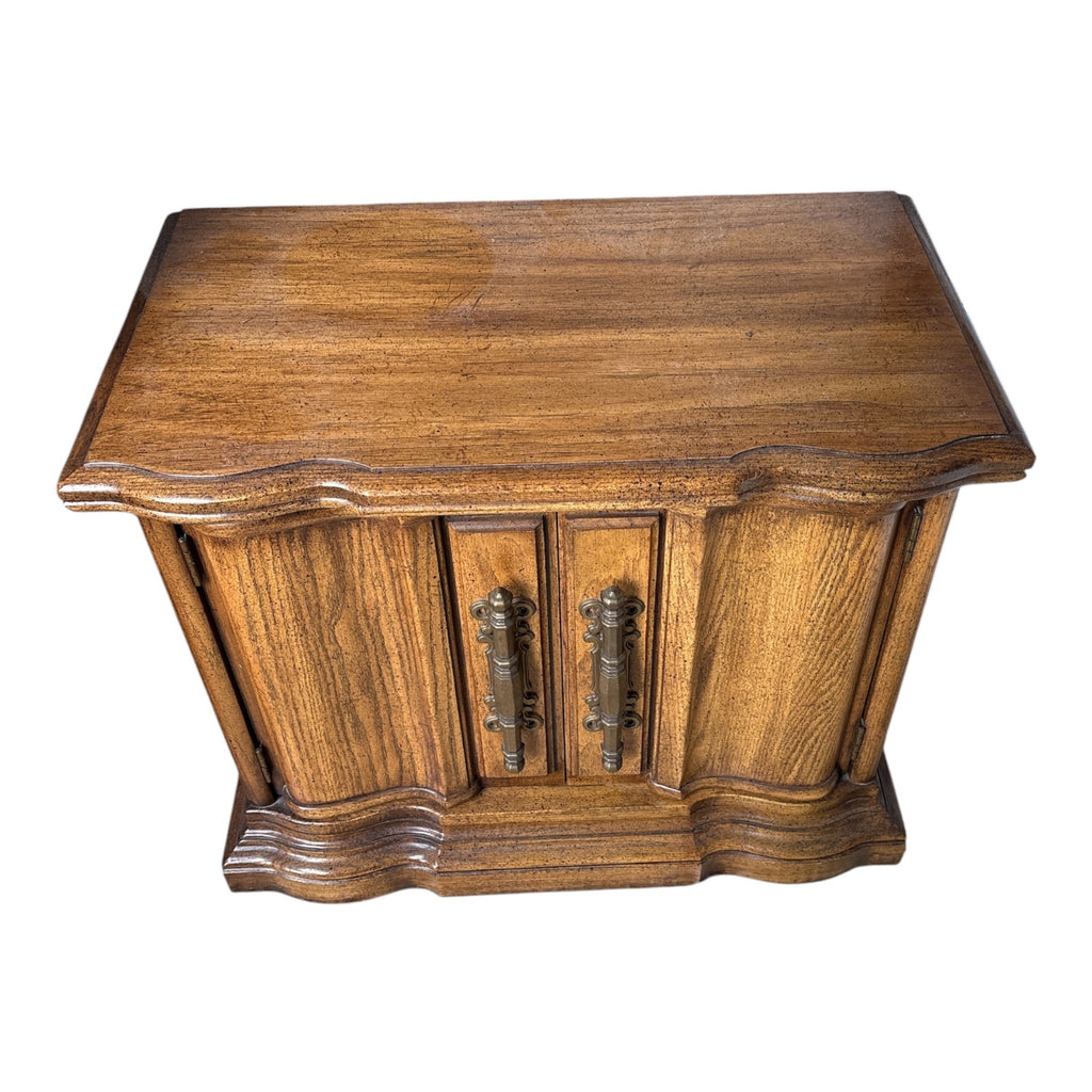 1970s Spanish Revival Oak Nightstand with Serpentine Base & Original Brass Pulls 2 of 2