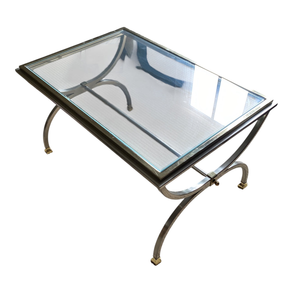 Hollywood Regency Chrome & Brass Curule Coffee Table with Beveled Glass Top