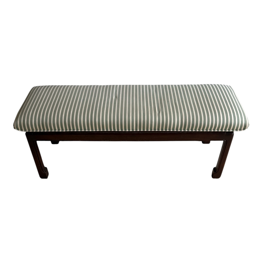 Ming-Style Mahogany Bench with Green Stripe Upholstery, Horse Hoof Feet