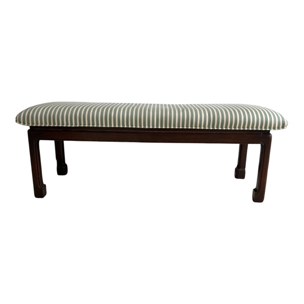 Ming-Style Mahogany Bench with Green Stripe Upholstery, Horse Hoof Feet