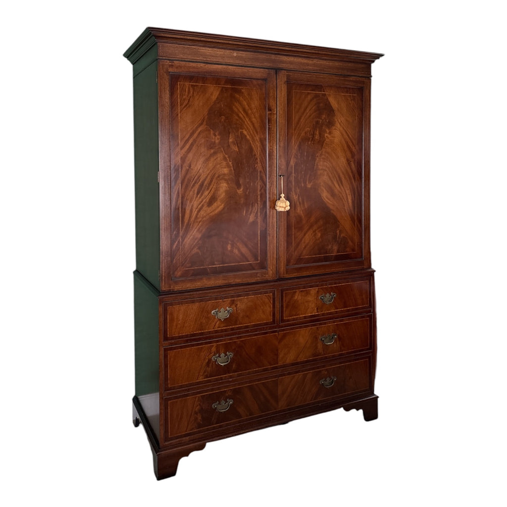 Georgian-Style Flame Mahogany Linen Press with Satinwood Banding & Bracket Feet