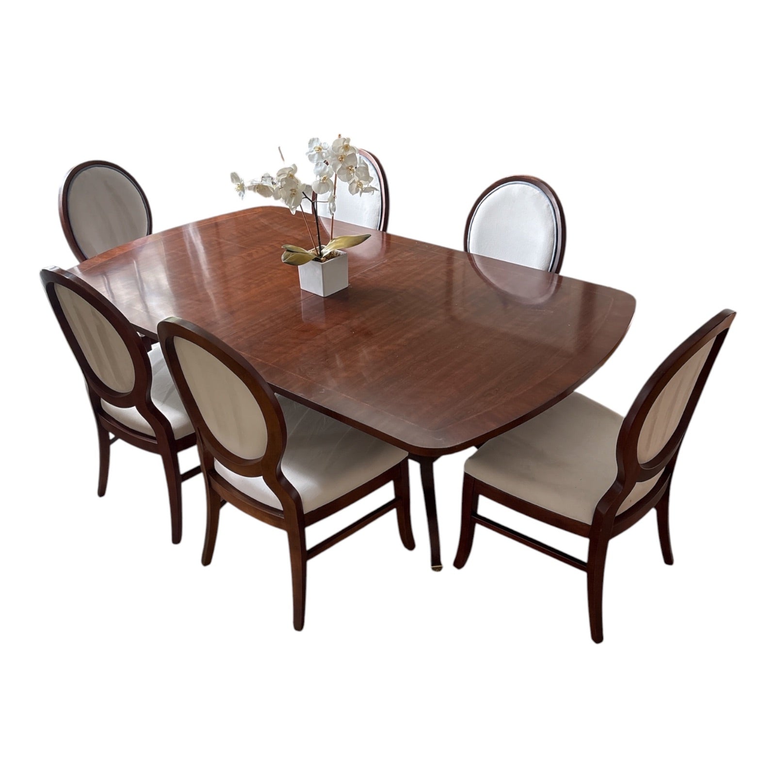 Transitional Mahogany Dining Set with 6 Medallion-Back Upholstered Chairs