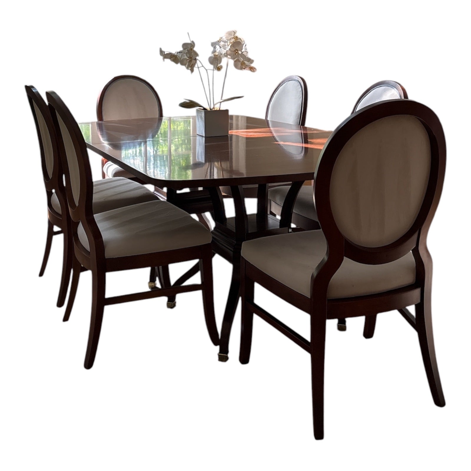Transitional Mahogany Dining Set with 6 Medallion-Back Upholstered Chairs