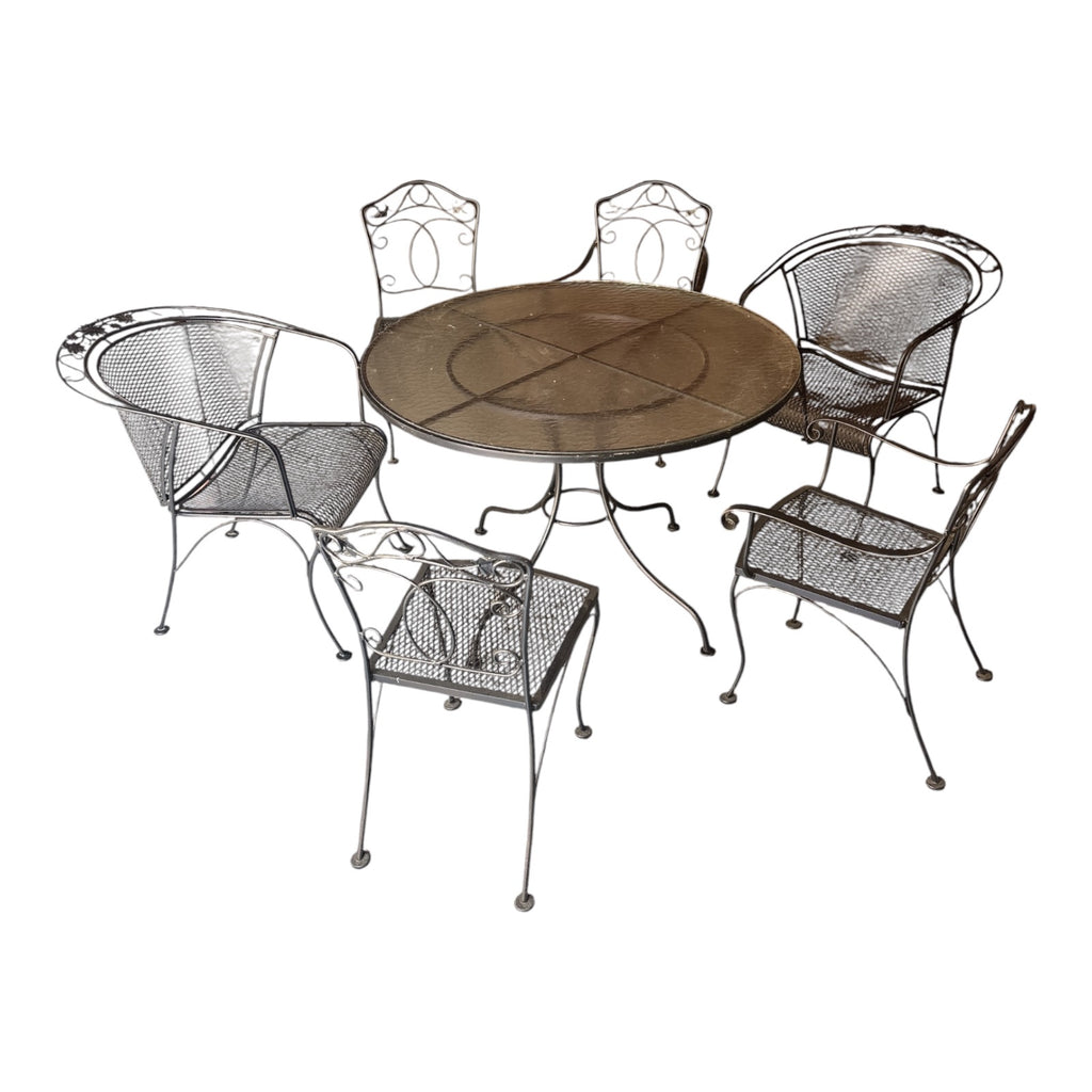 Vintage Wrought Iron 7-Piece Patio Set with Scroll Details & Mesh Seating