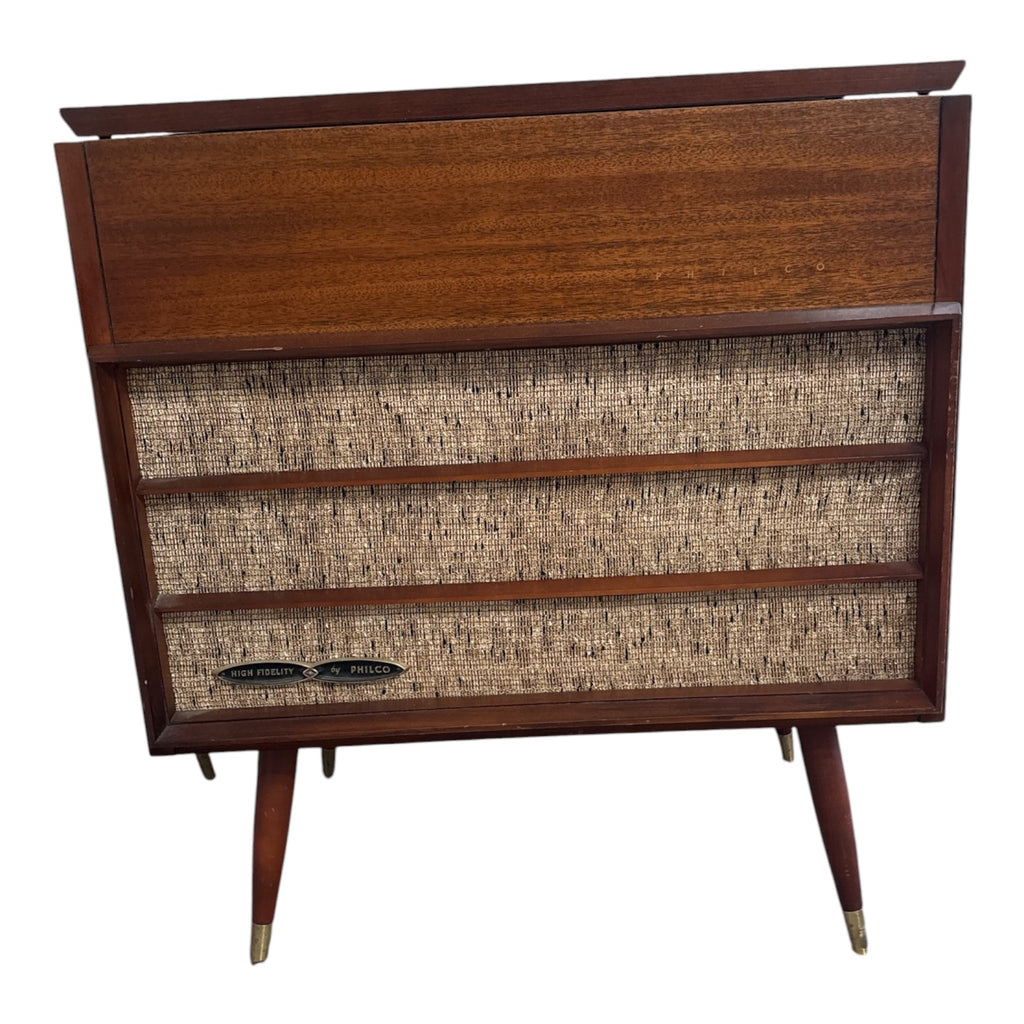Philco High Fidelity Console Stereo Cabinet Mahogany Veneer Splayed Legs c.1960