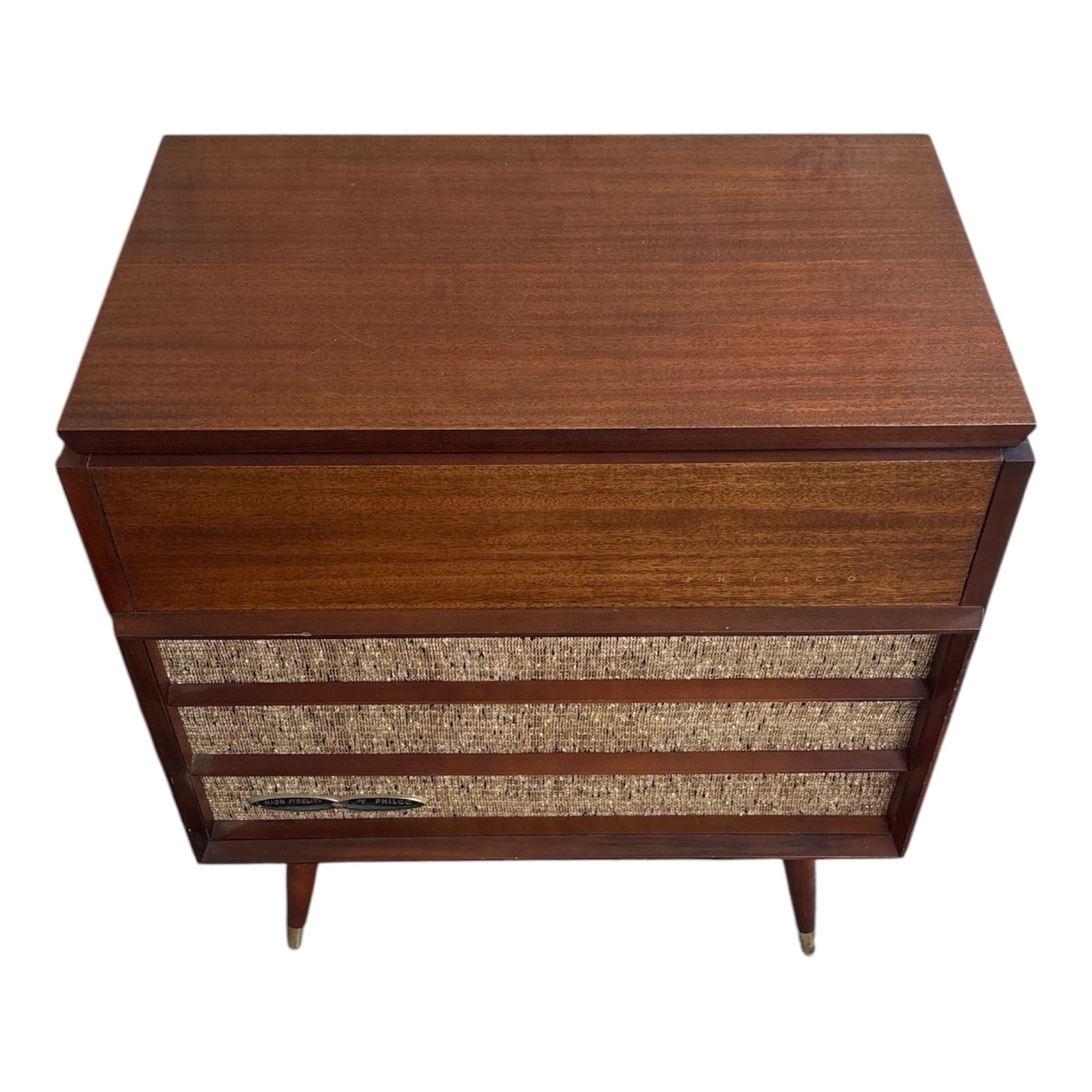 Philco High Fidelity Console Stereo Cabinet Mahogany Veneer Splayed Legs c.1960