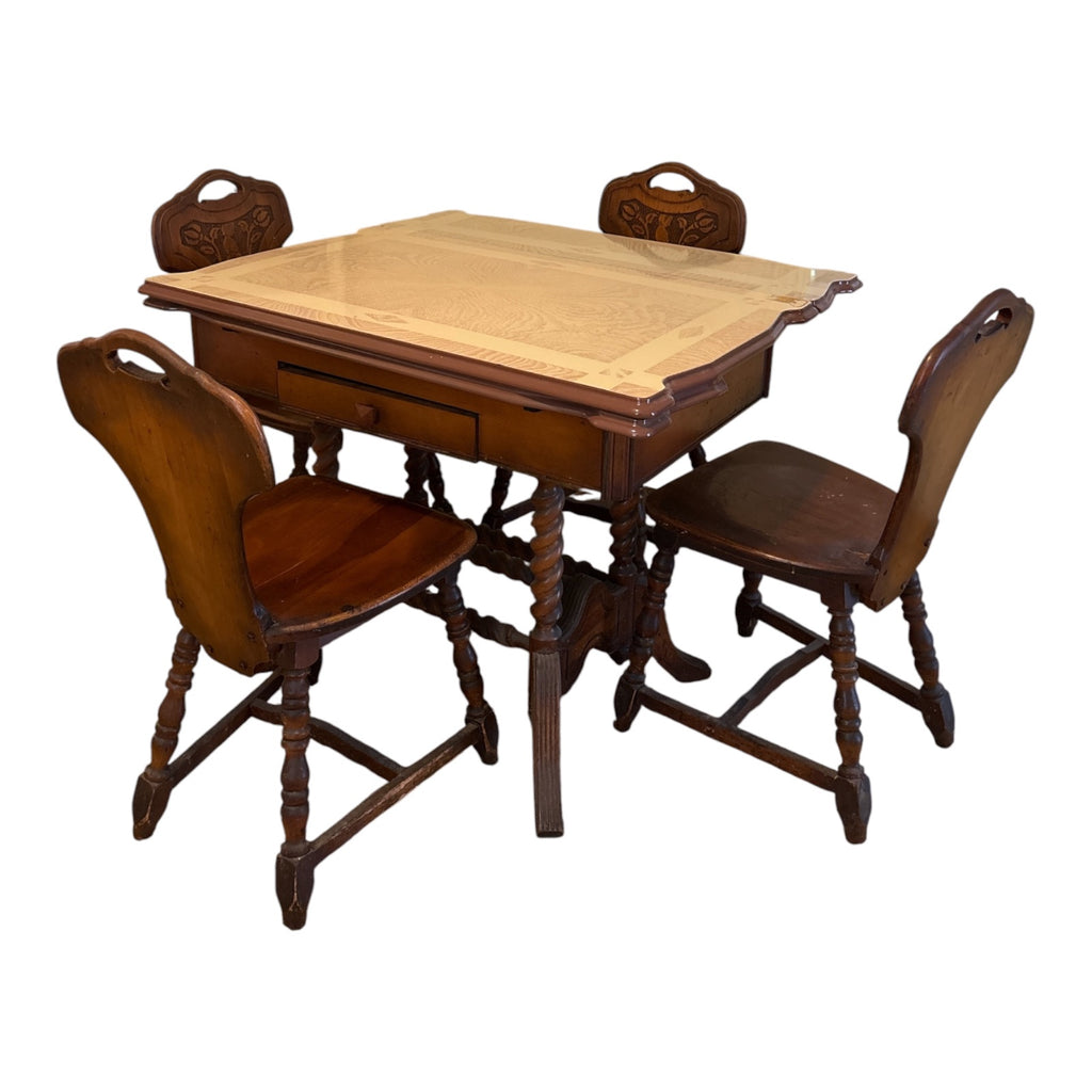 1930s Depression-Era Oak Veneer Draw-Leaf Table with 4 Carved Tulip-Back Chairs