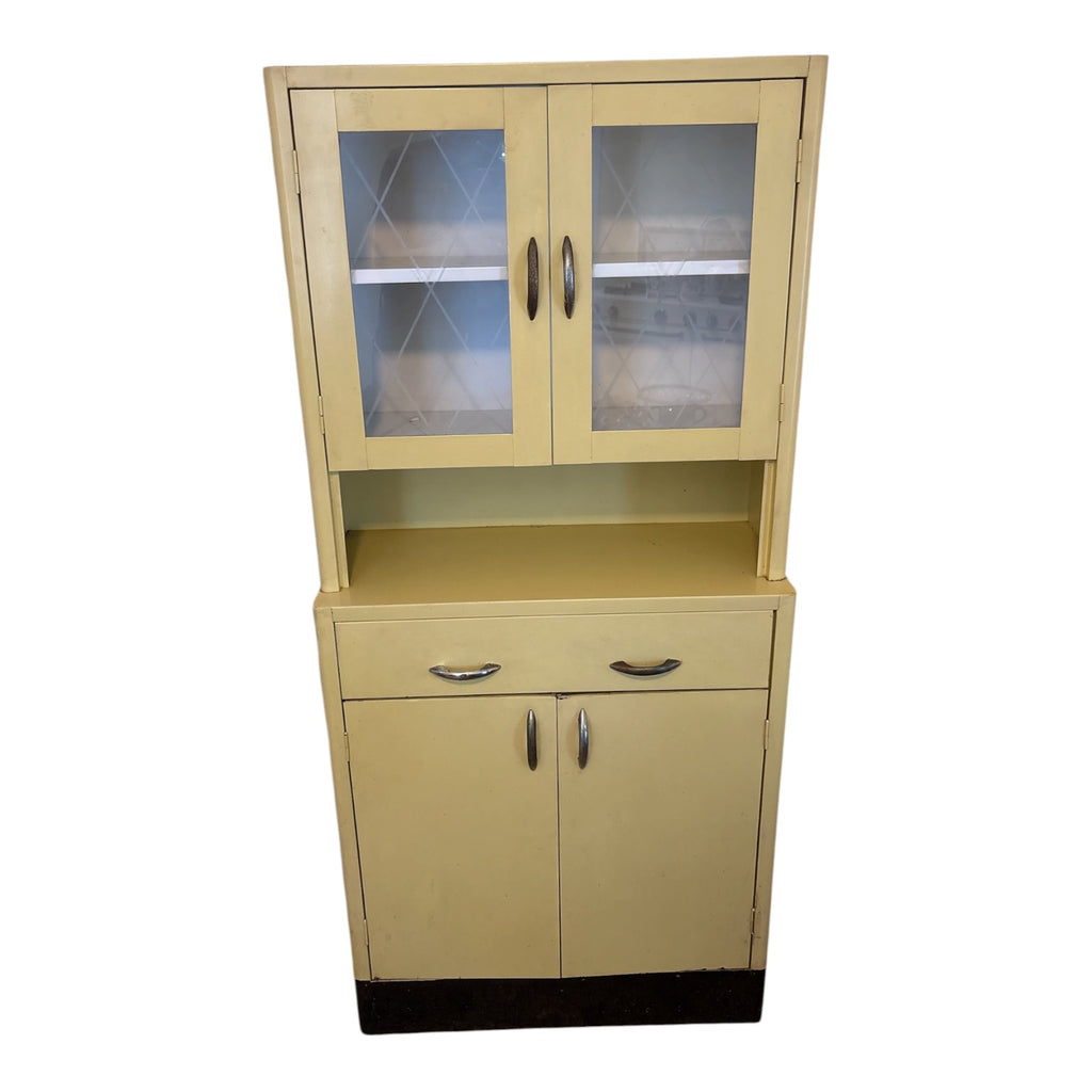 1950s Steel Kitchen Hutch Cabinet with Diamond-Pattern Glass Doors in Butter Yellow