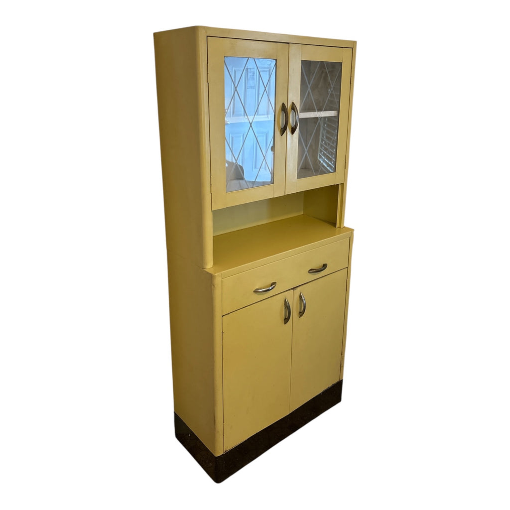 1950s Steel Kitchen Hutch Cabinet with Diamond-Pattern Glass Doors in Butter Yellow