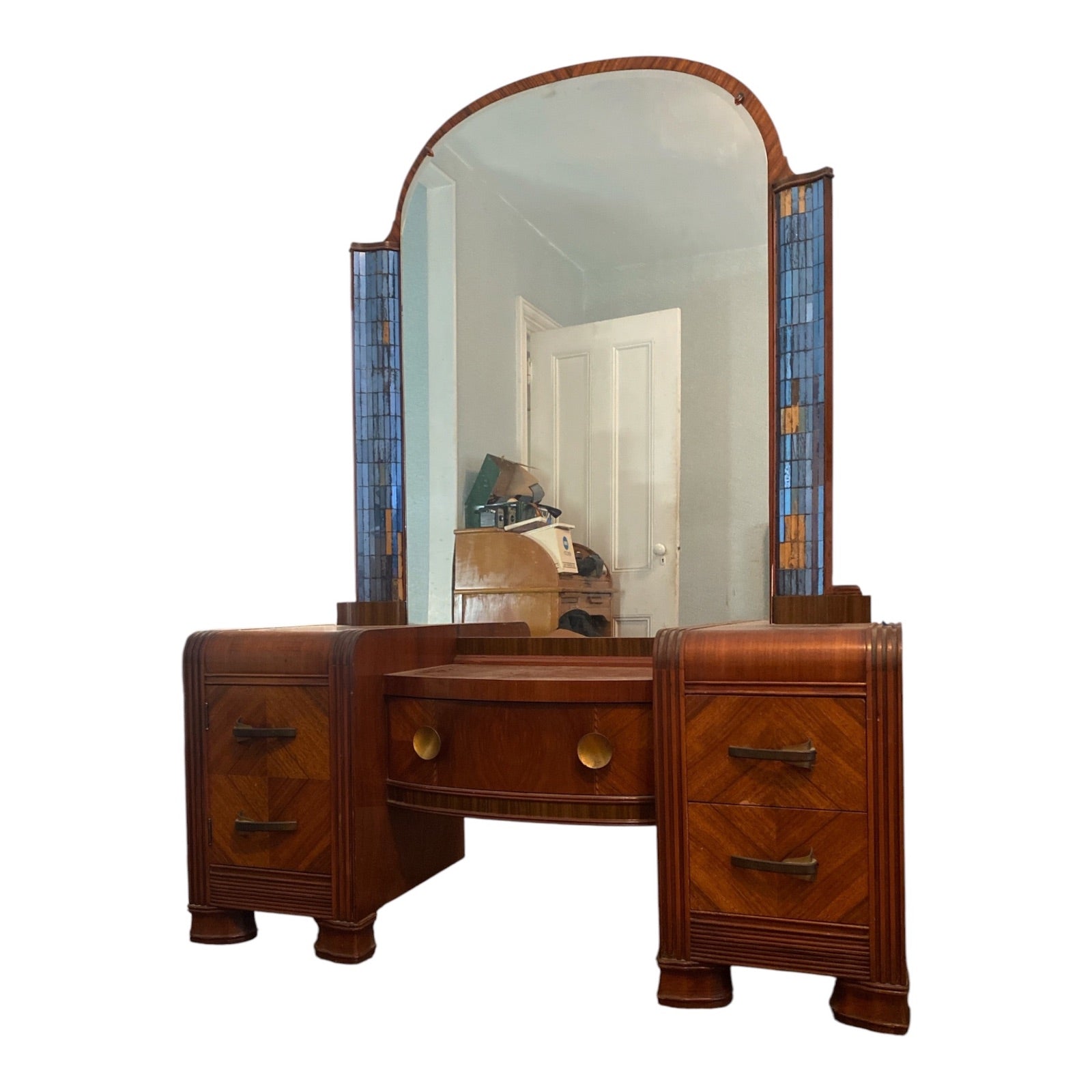 1930s Art Deco Waterfall Vanity with Arched Mirror & Stained Glass Accents