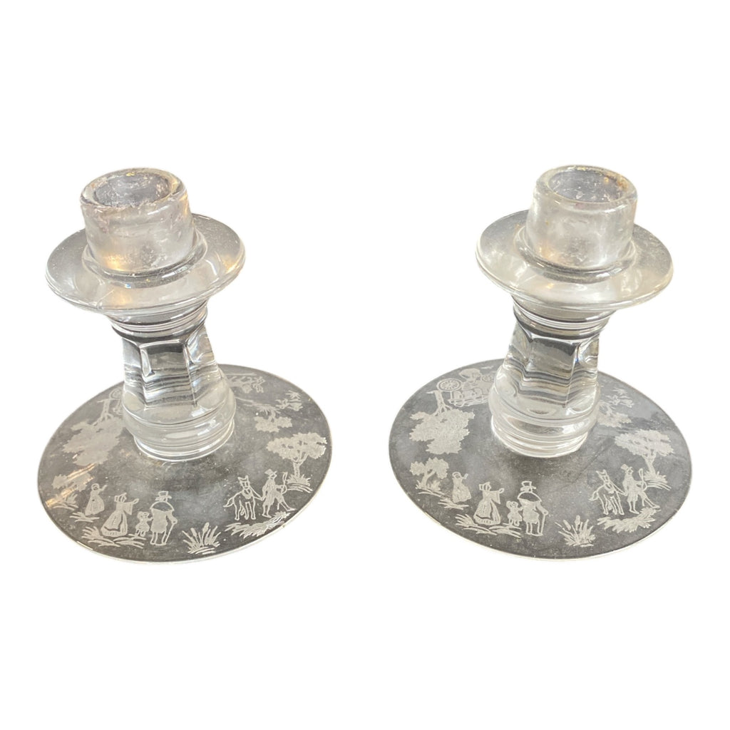 Vintage Etched Glass Candlesticks Pair - Colonial Scene Figural Design c.1940s