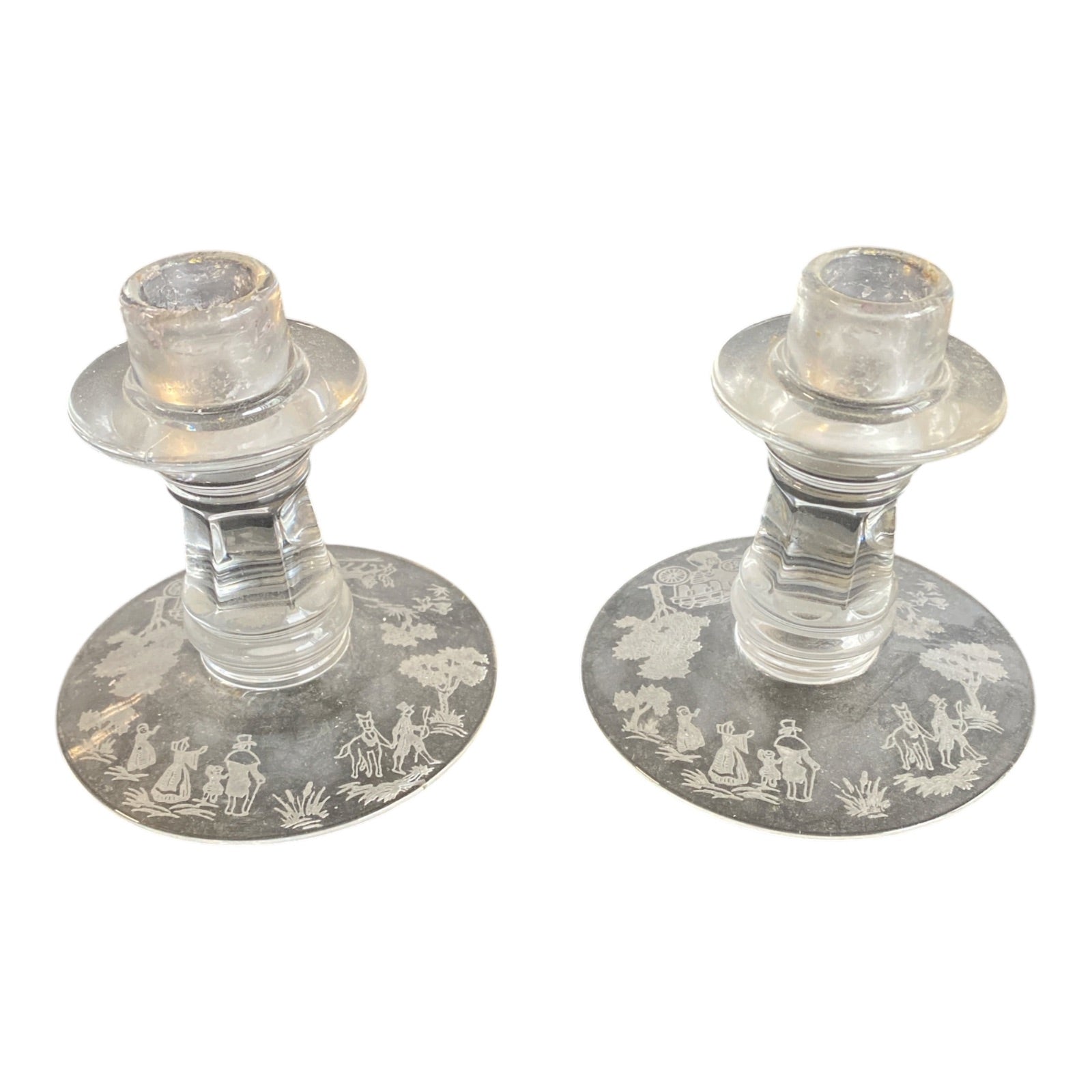 Vintage Etched Glass Candlesticks Pair - Colonial Scene Figural Design c.1940s