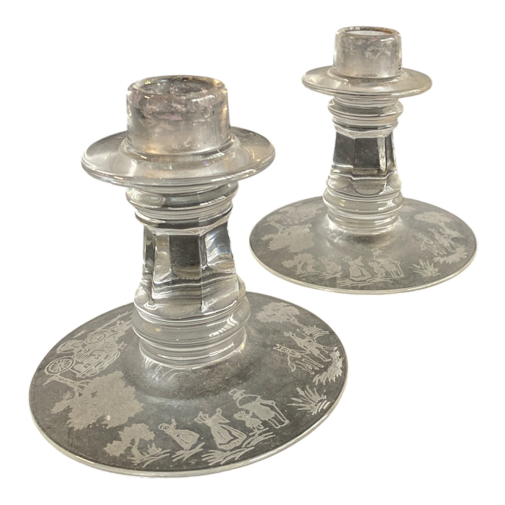Vintage Etched Glass Candlesticks Pair - Colonial Scene Figural Design c.1940s