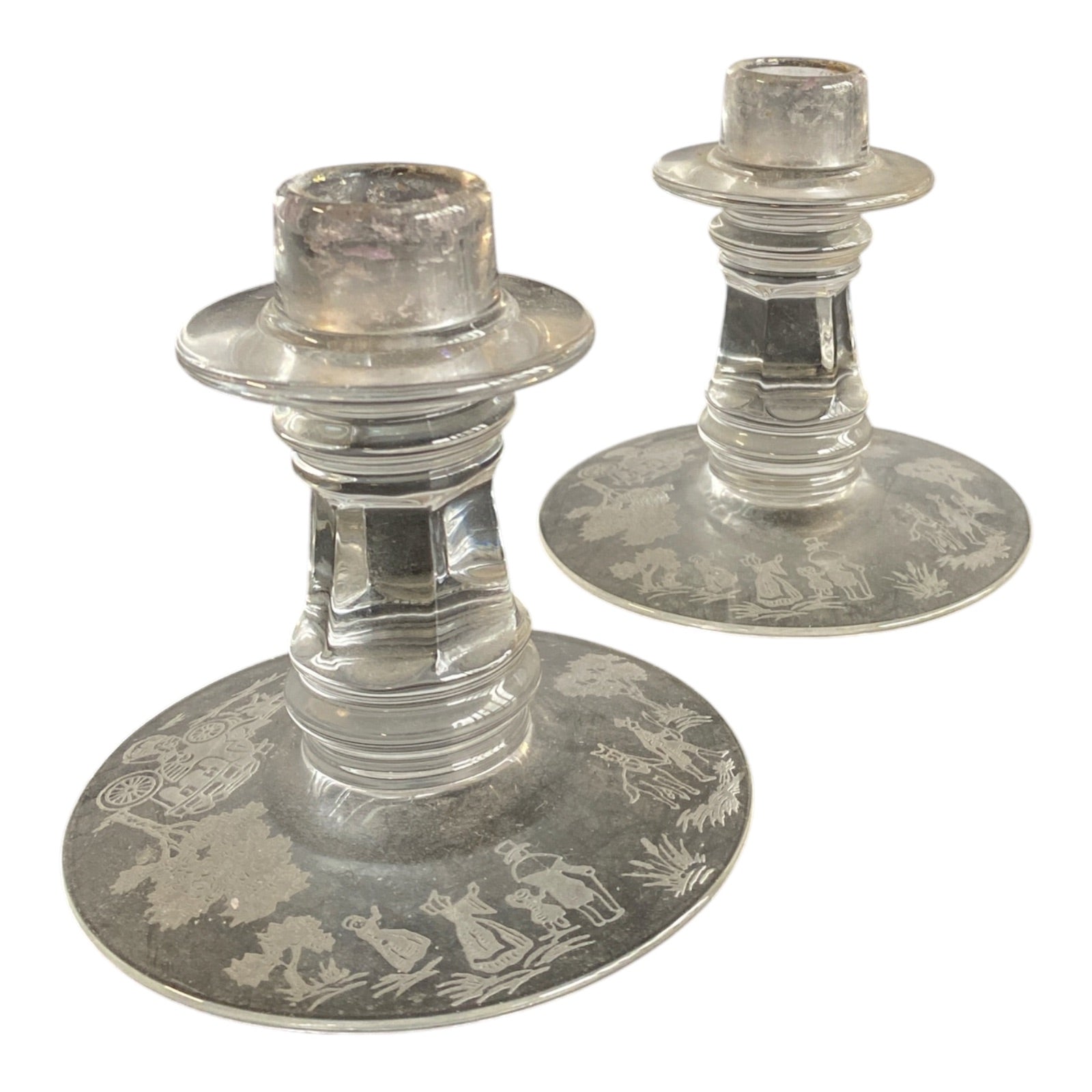 Vintage Etched Glass Candlesticks Pair - Colonial Scene Figural Design c.1940s