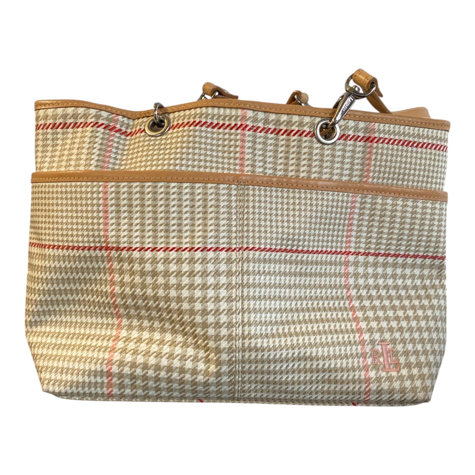 Lauren Ralph Lauren Glen Plaid Tote Bag with Tan Leather Trim