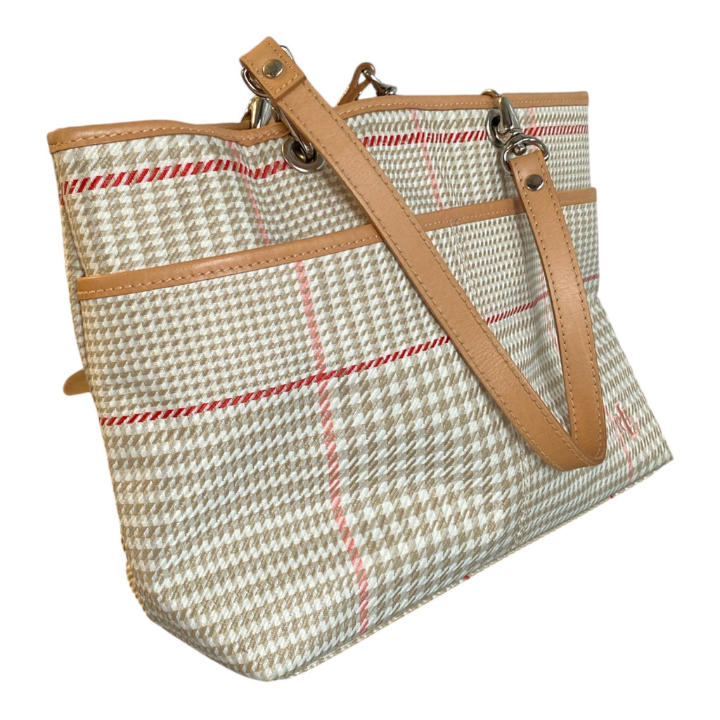 Lauren Ralph Lauren Glen Plaid Tote Bag with Tan Leather Trim