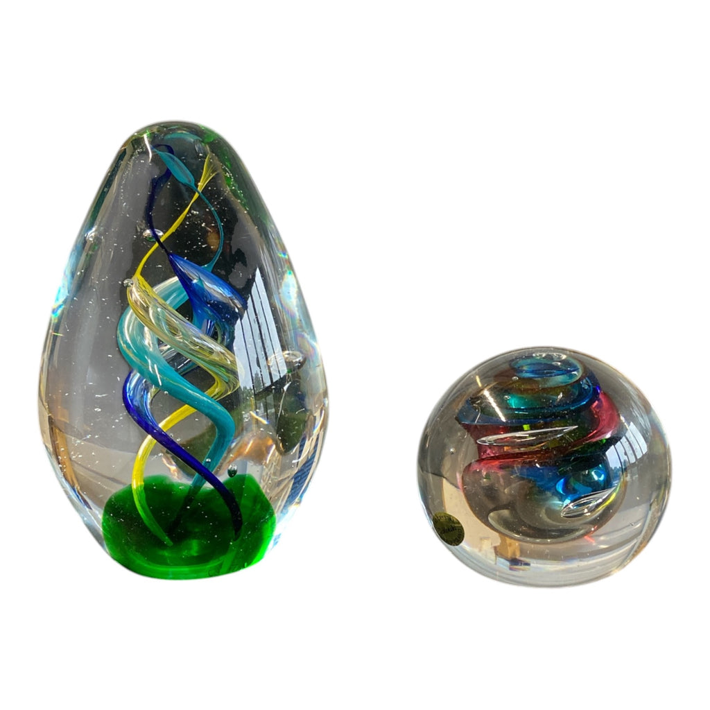 Pair of Art Glass Paperweights with Spiral Ribbon Inclusions — Egg & Sphere Form