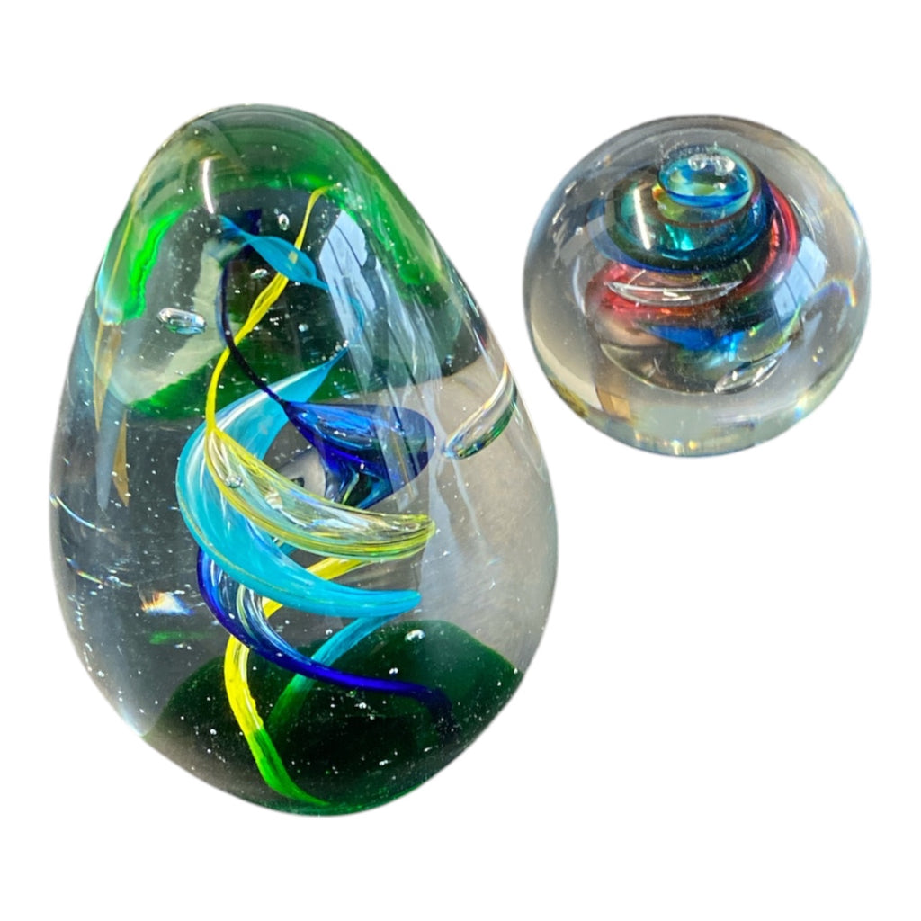 Pair of Art Glass Paperweights with Spiral Ribbon Inclusions — Egg & Sphere Form