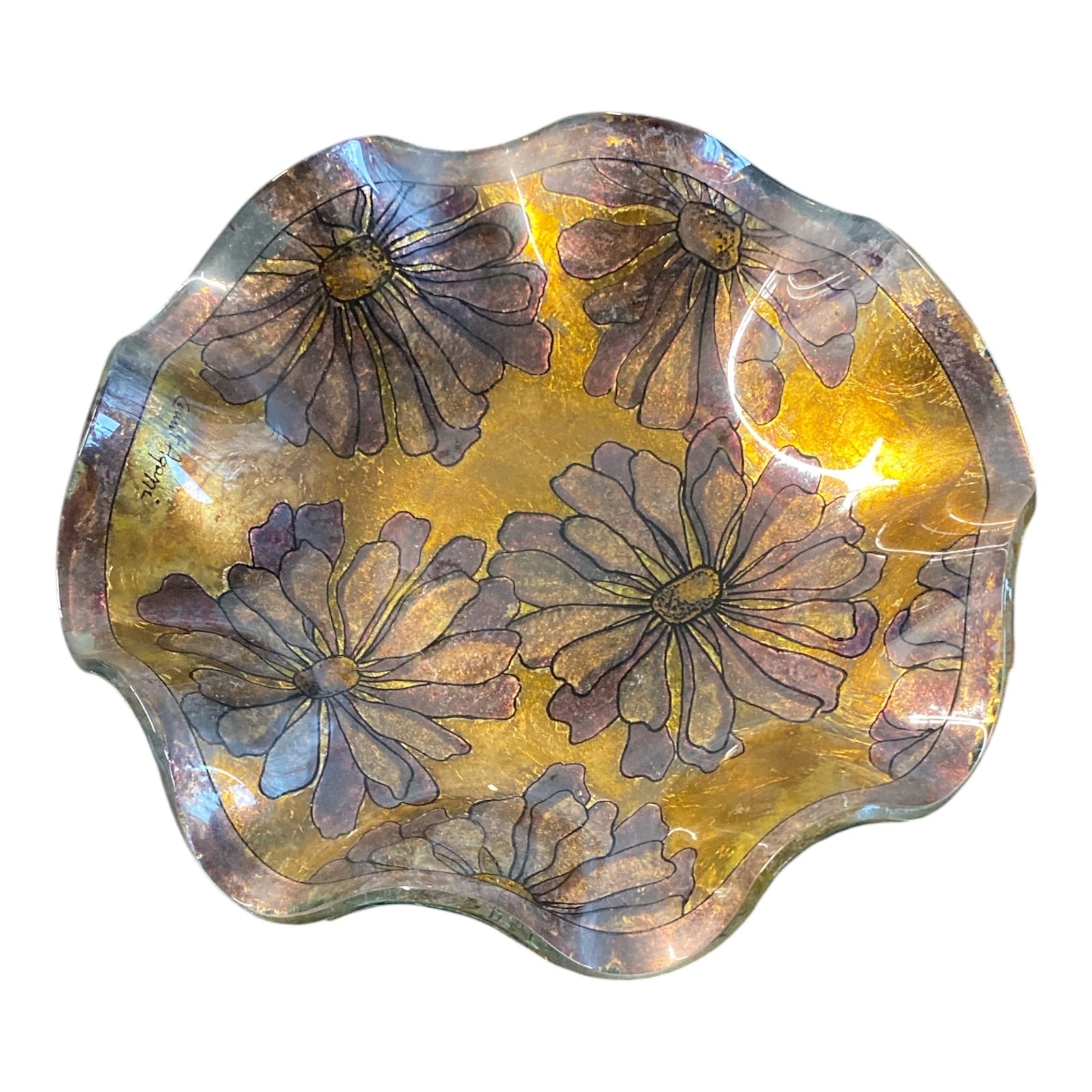 Count Agapi Signed Art Glass Ruffled Bowl with Gold Leaf Floral Motif