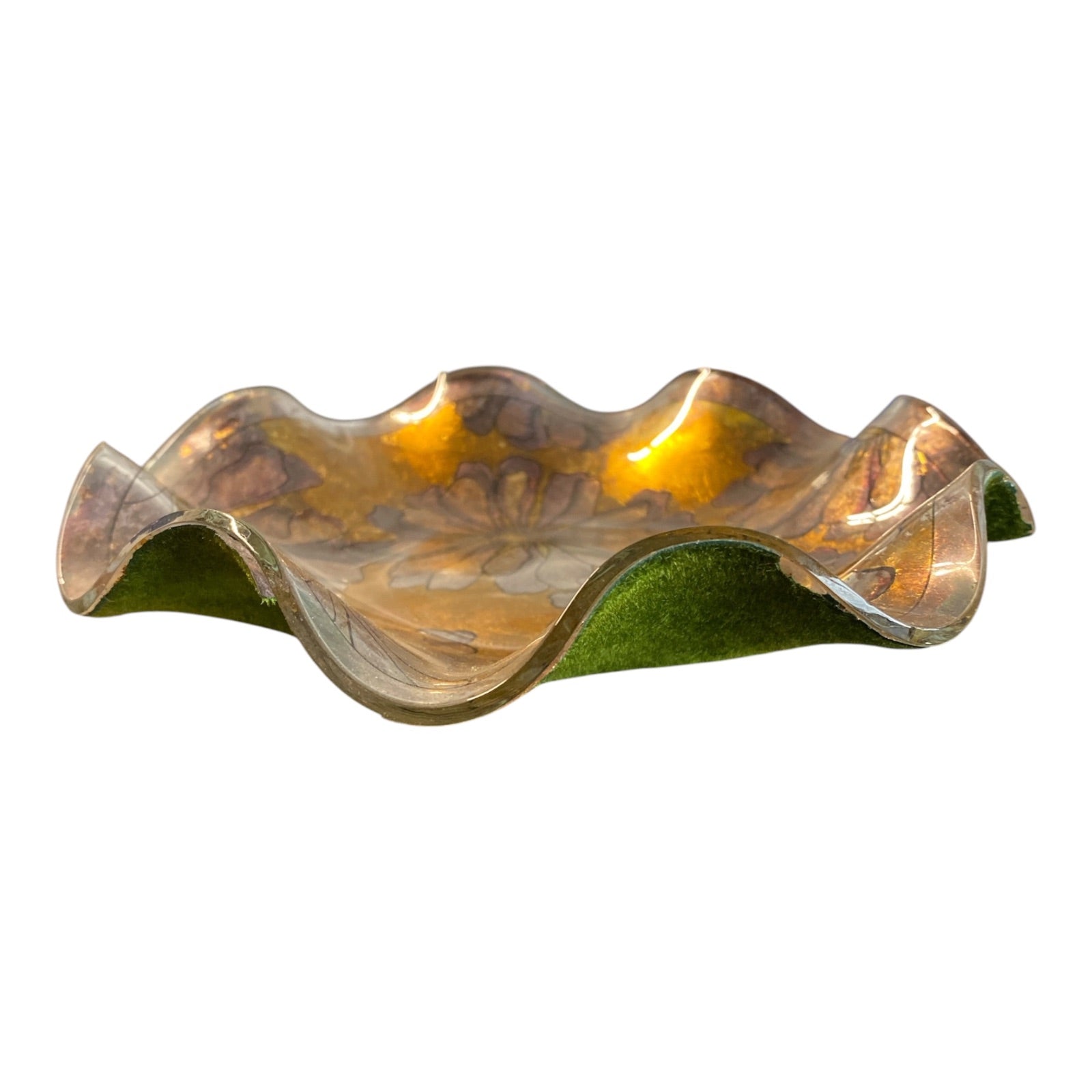 Count Agapi Signed Art Glass Ruffled Bowl with Gold Leaf Floral Motif