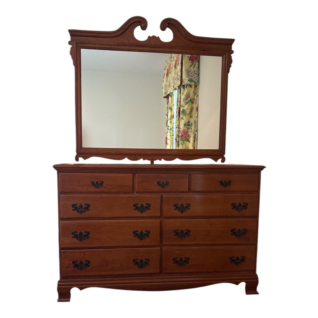 Mayflower Furniture Solid Cherry 10-Drawer Dresser with Broken Pediment Mirror