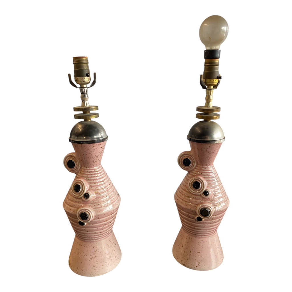 Pair Mid-Century Pink Speckled Ceramic Table Lamps with Atomic Orbital Details