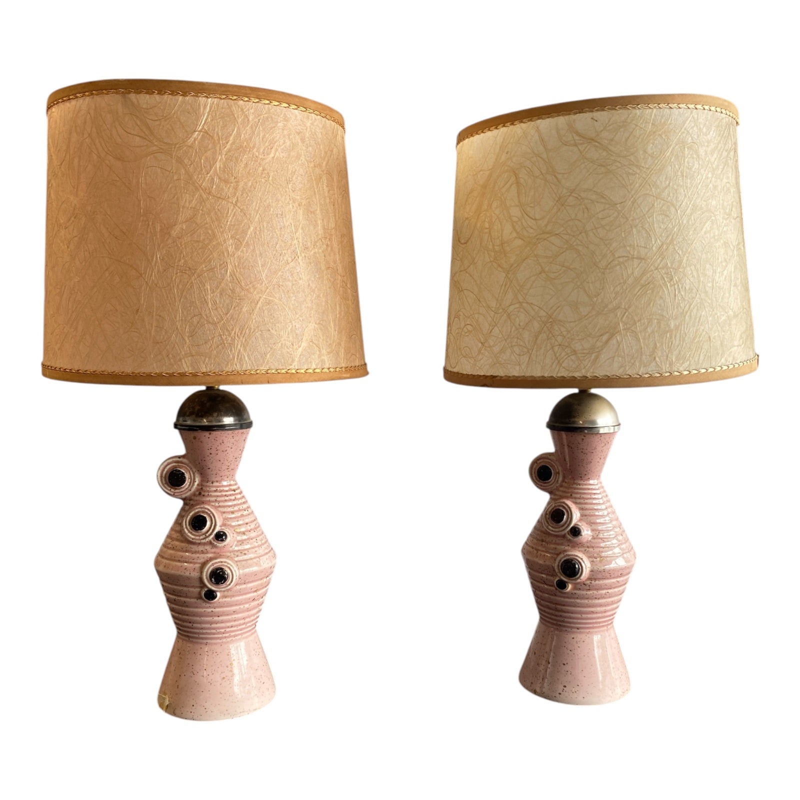 Pair Mid-Century Pink Speckled Ceramic Table Lamps with Atomic Orbital Details