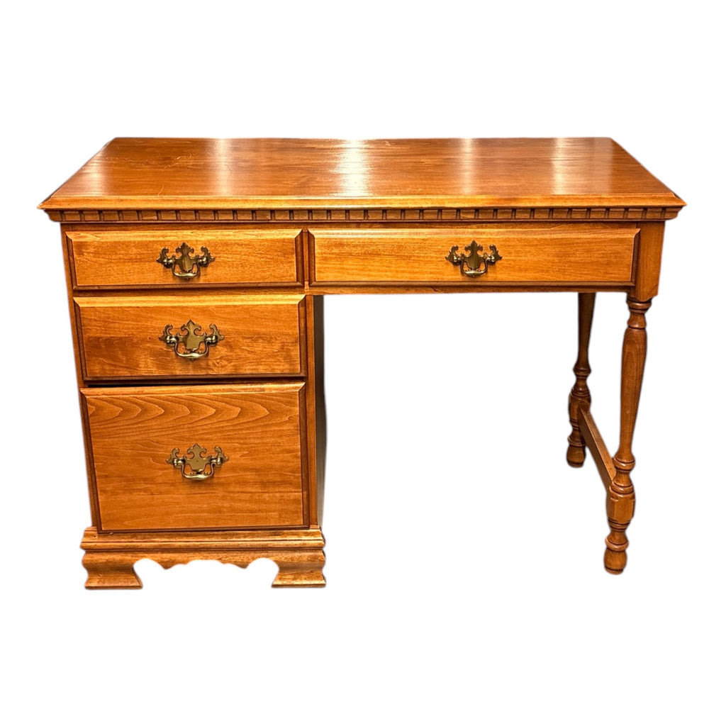 Vintage American Colonial Revival Cherry Single-Pedestal Desk with Dentil Moldin