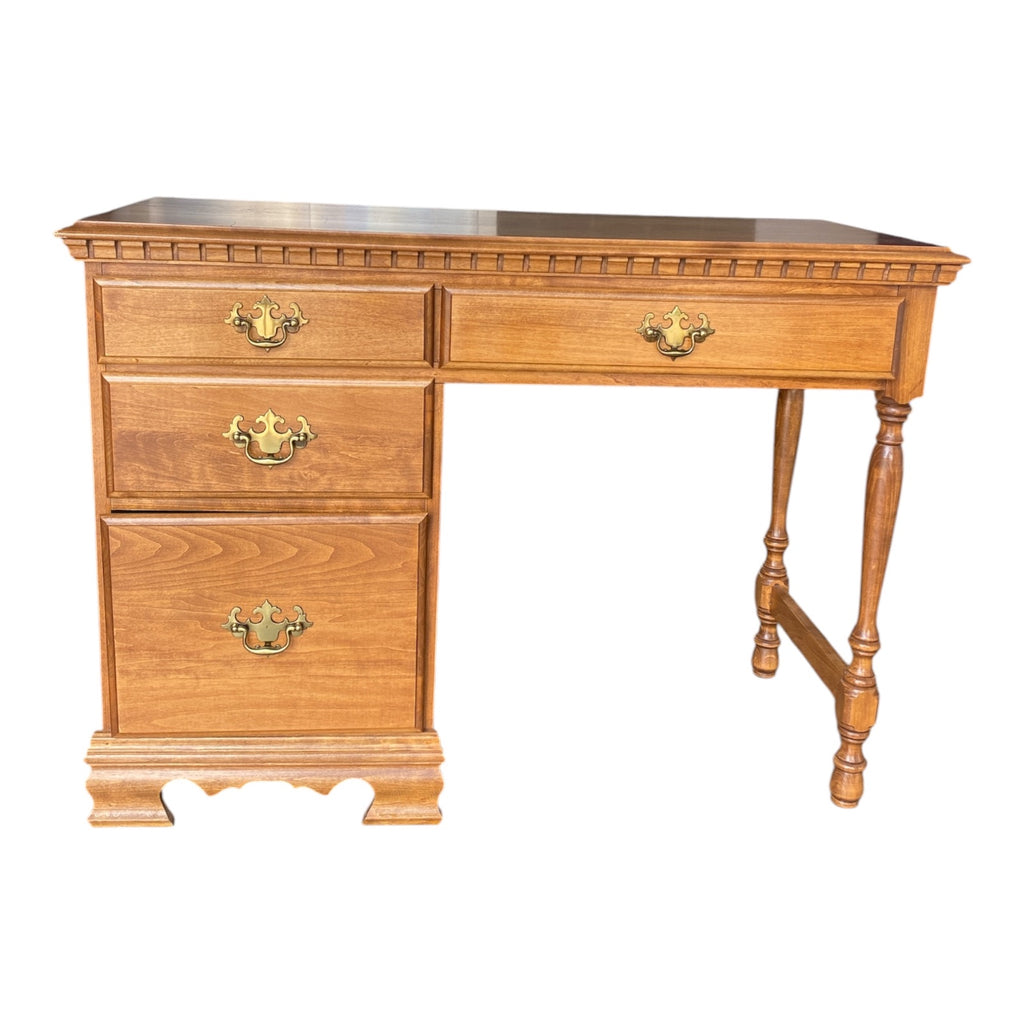 Vintage American Colonial Revival Cherry Single-Pedestal Desk with Dentil Moldin