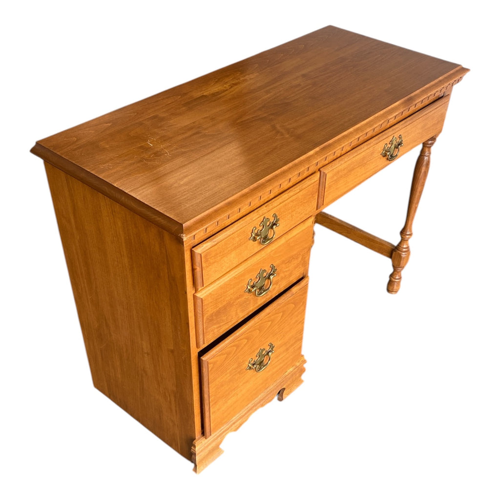 Vintage American Colonial Revival Cherry Single-Pedestal Desk with Dentil Moldin