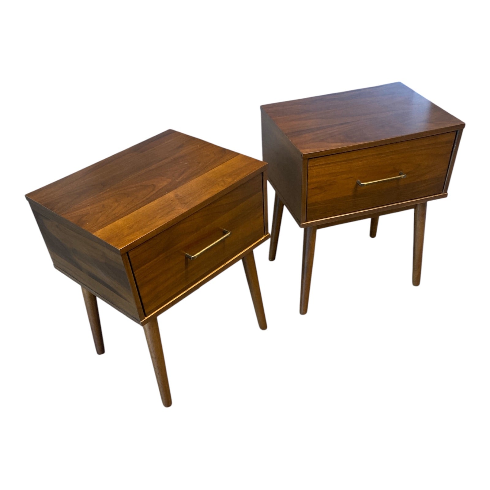 Mid-Century American Walnut Nightstand Pair with Brass Pulls — Classic Tapered L
