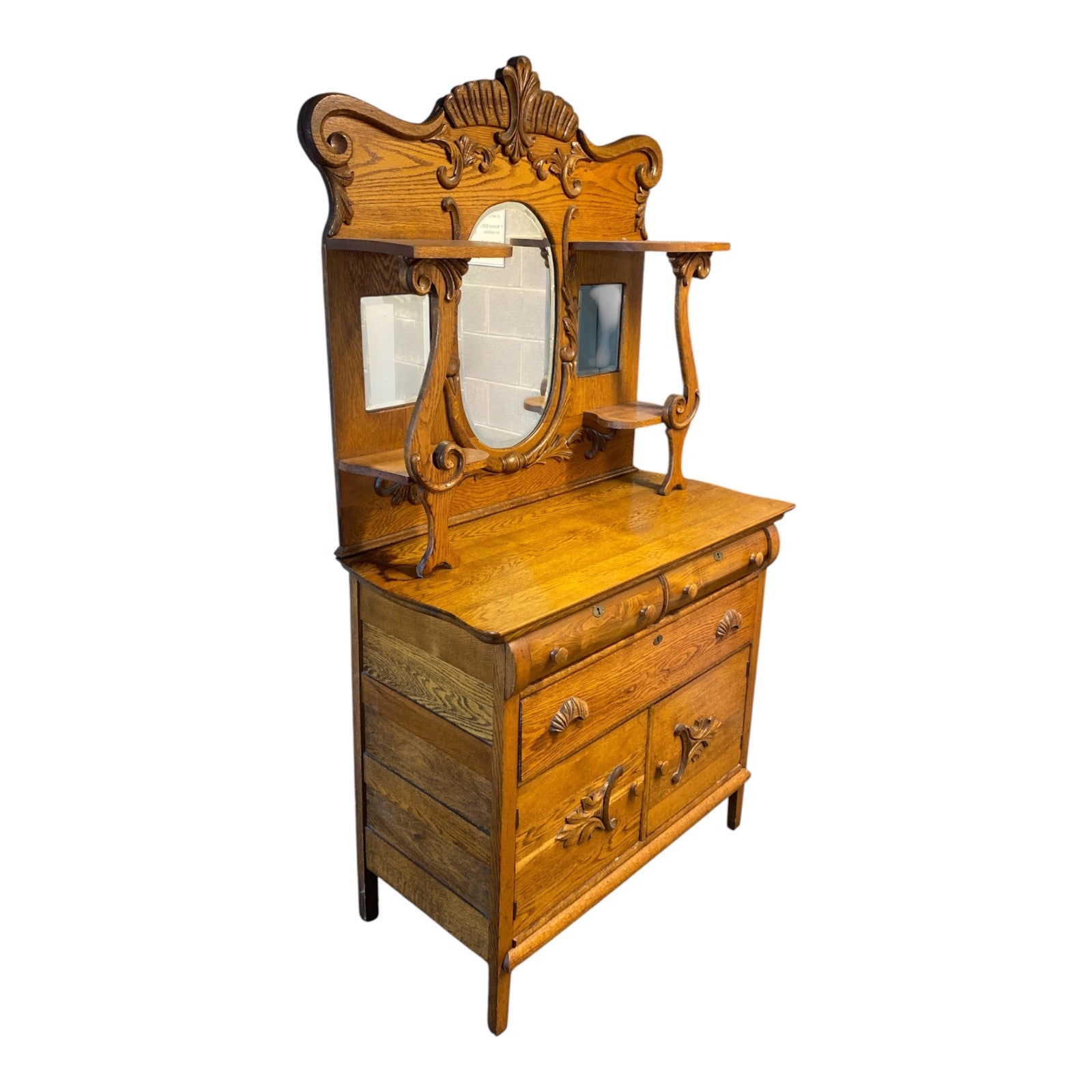 Victorian Golden Oak Sideboard with Oval Mirror & Carved Shell Crest c.1890s
